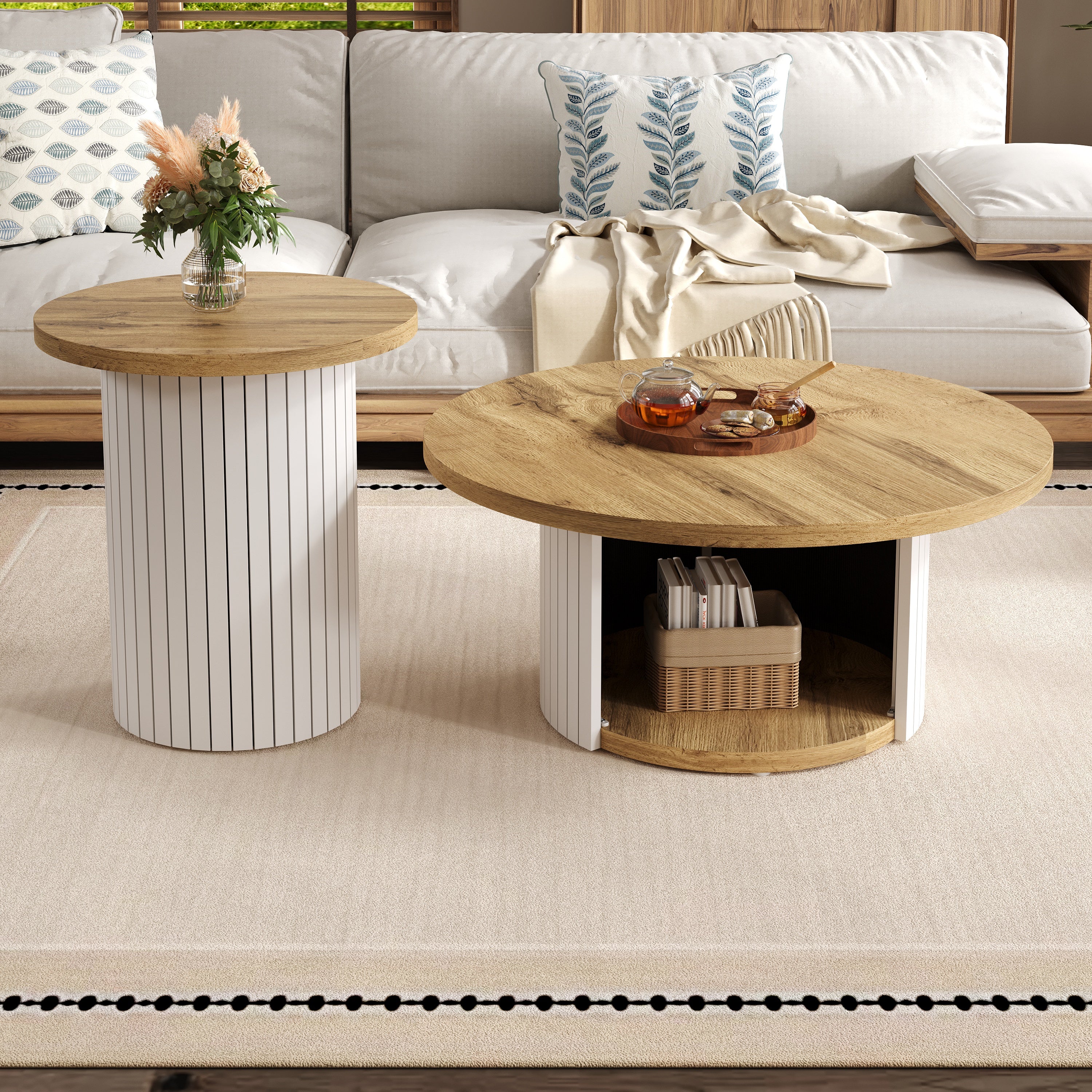 Coffee Table Double Round Multifunctional Natural Wood Slats