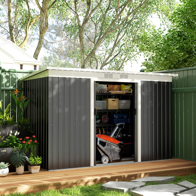 9ft x 4ft Garden Shed with Foundation Kit, Vents, and Double Doors, Dark Grey Metal