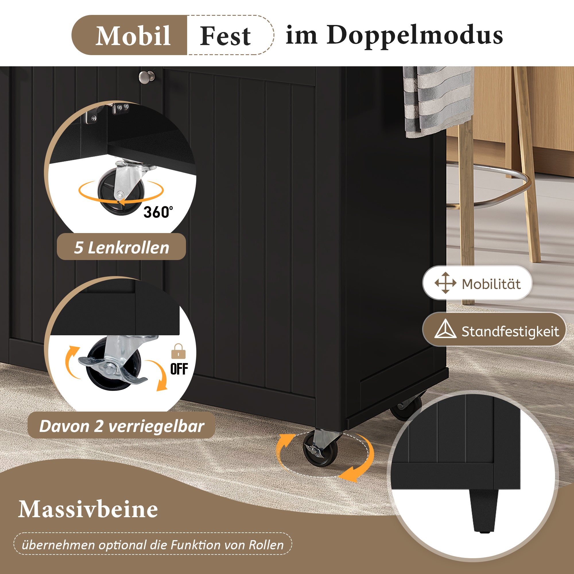 Kitchen Island, Extendable Mobile with Multifunctional Drawers, Black