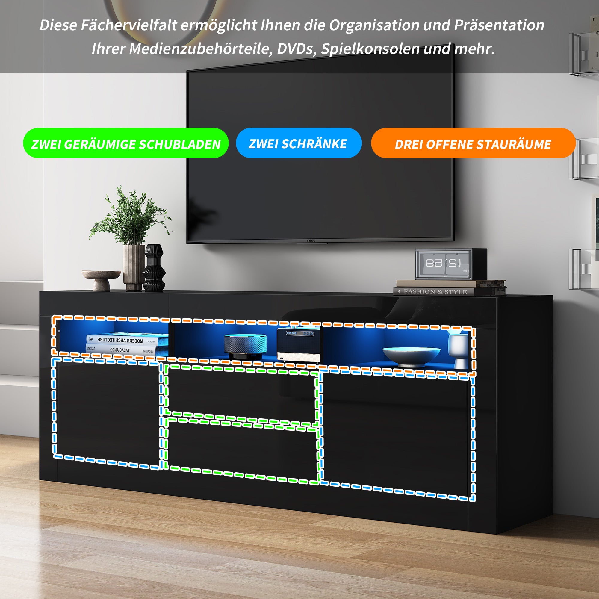 TV Cabinet, 160x35x60cm LED Lighting, 3 Open, 2 Door, 2 Drawer, Smart App Control, for 70-inch TVs, High Gloss
