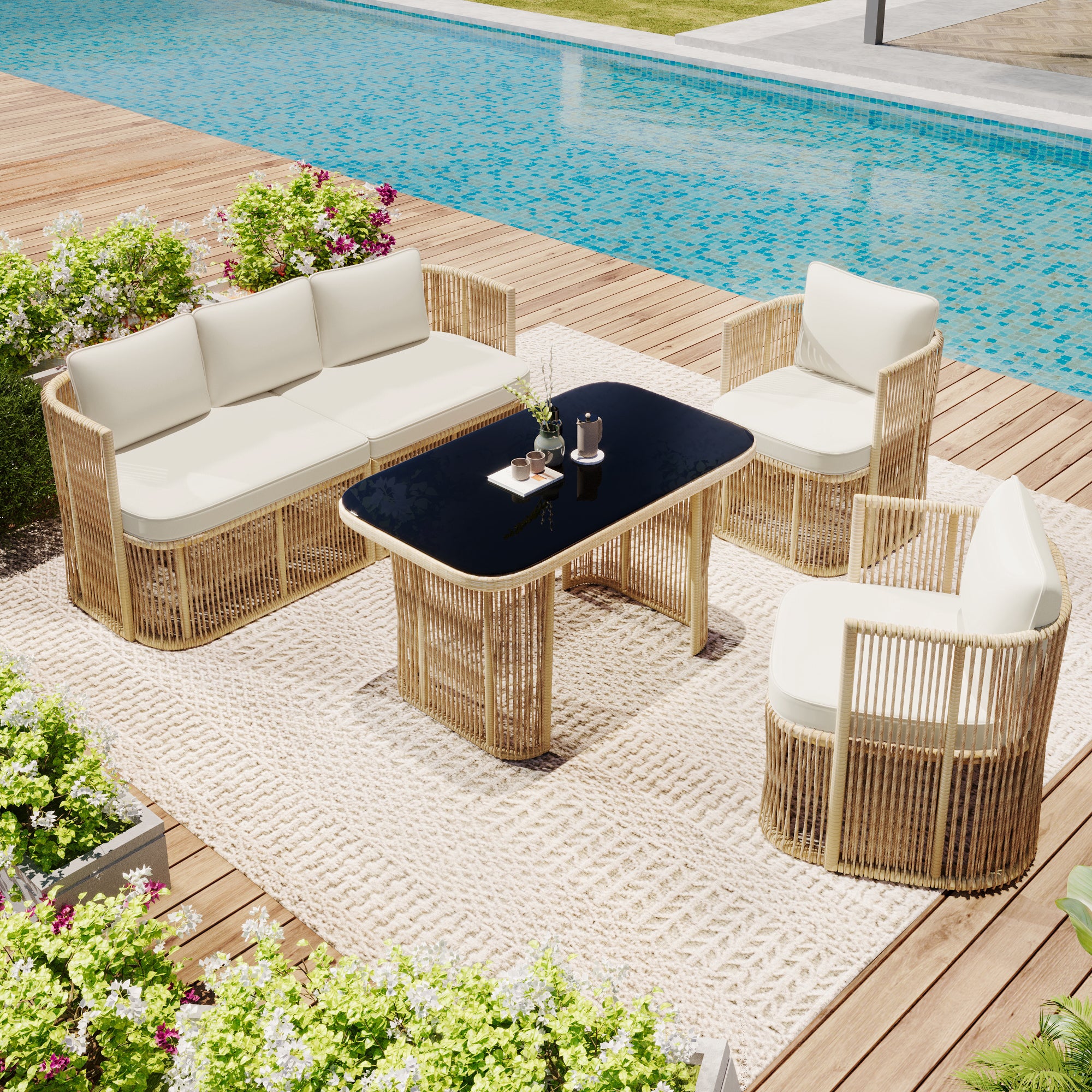 4-Piece Garden Furniture Set with 3-Seater Sofa, 2 Armchairs and Glass Table, PE Rattan and Steel