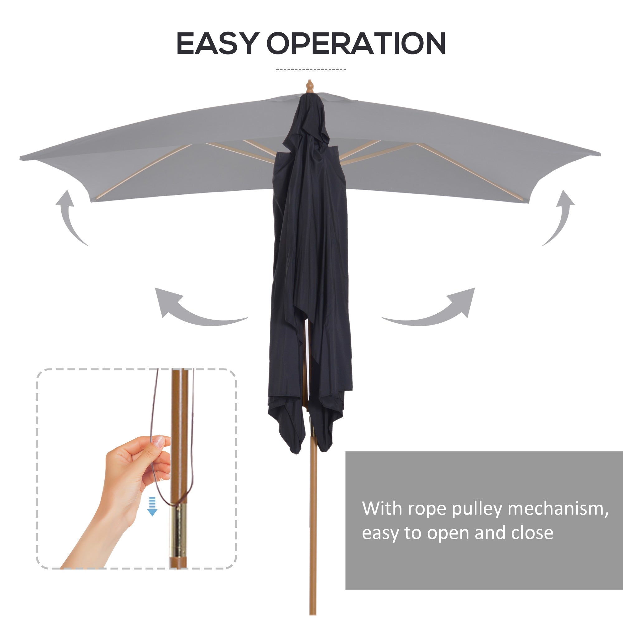 Garden Parasol Umbrella, 2 x 3m Outdoor Shade Canopy, Wooden, Black