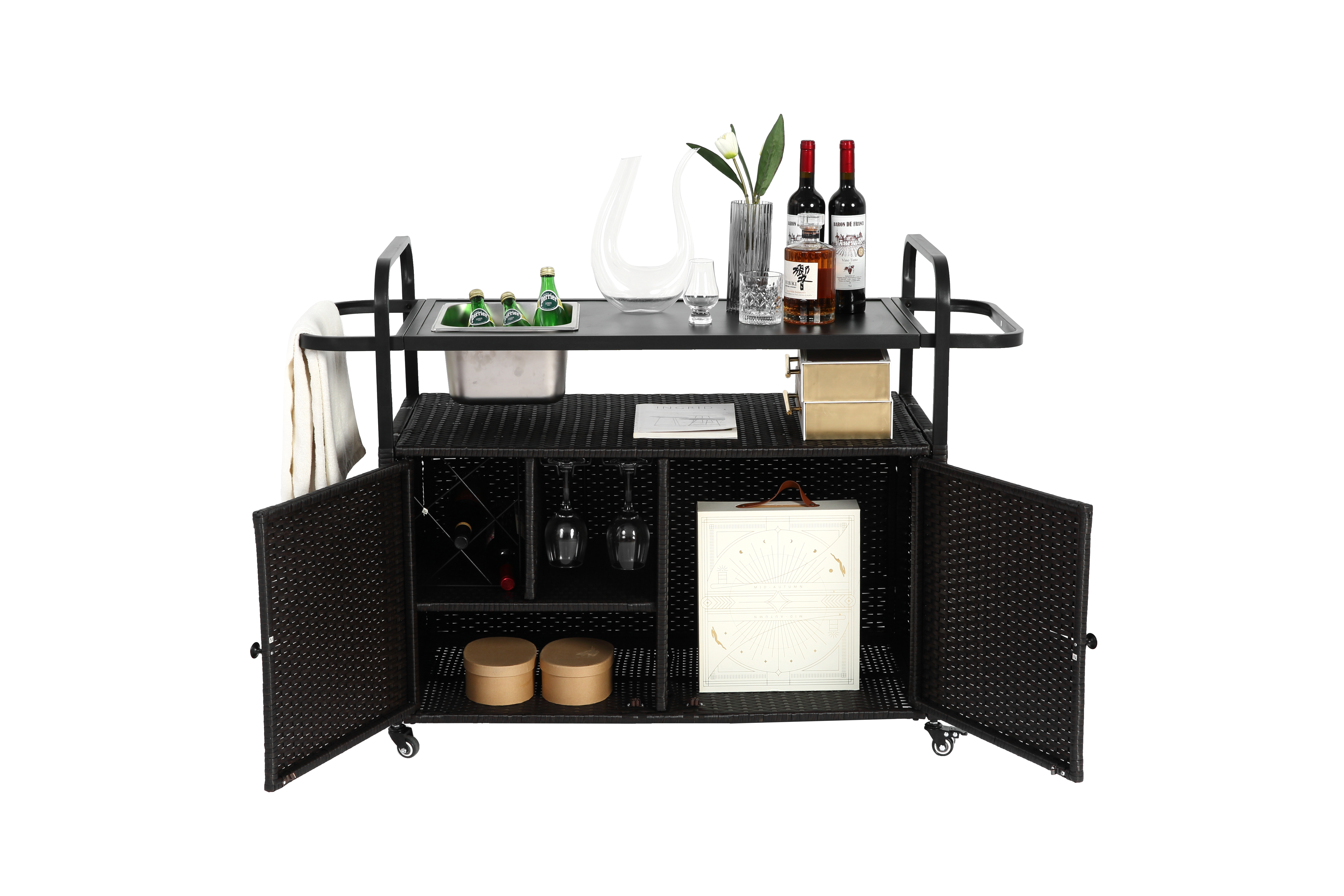 Outdoor Bar Table, Wicker Bar Cart with Cabinet, Patio Serving Cart with Steel Top, Ice Bucket, Lockable Wheels, Side Basket, Black