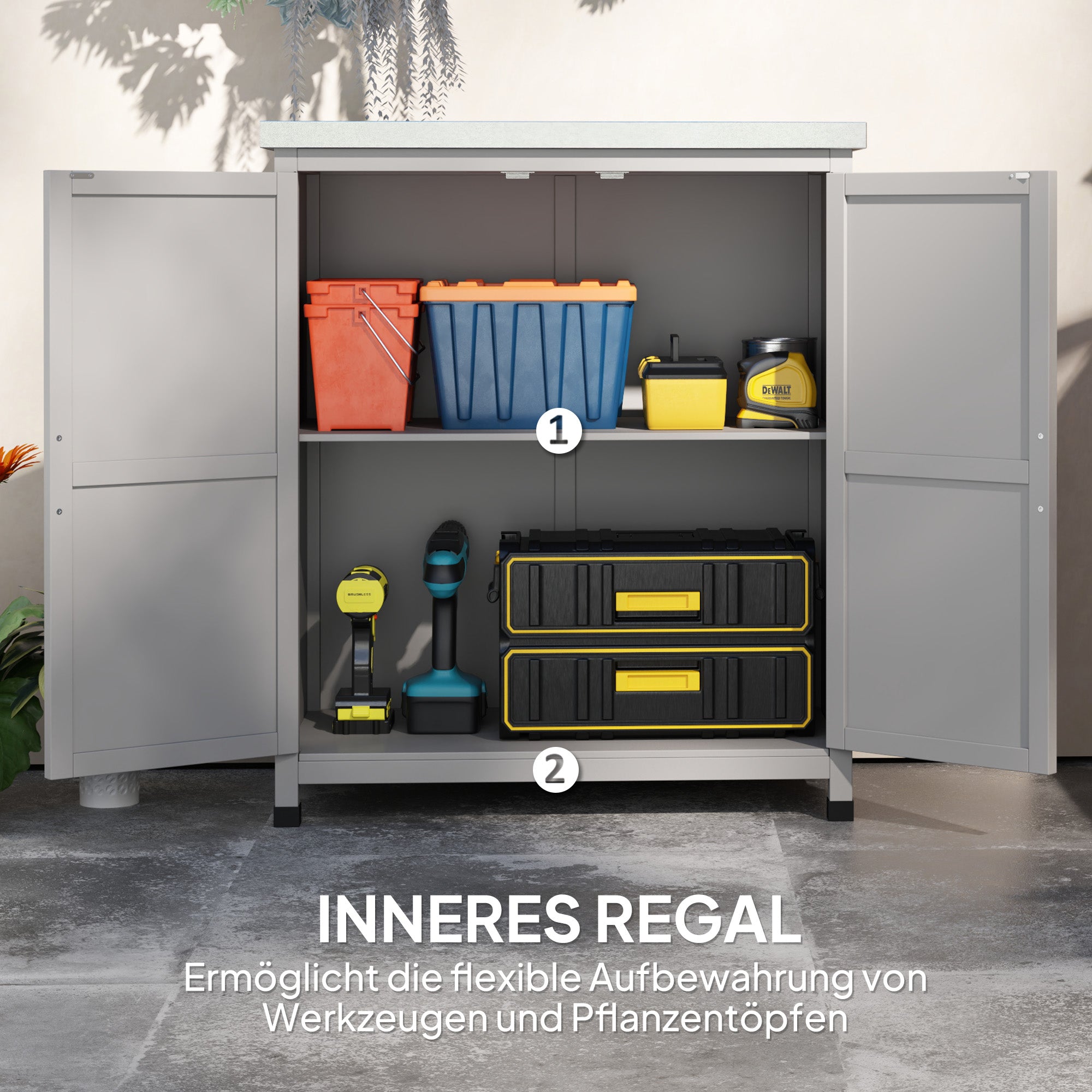 Wooden Garden Shed Outdoor Storage Cabinet with Worktop, Double Doors, Shelf, Grey