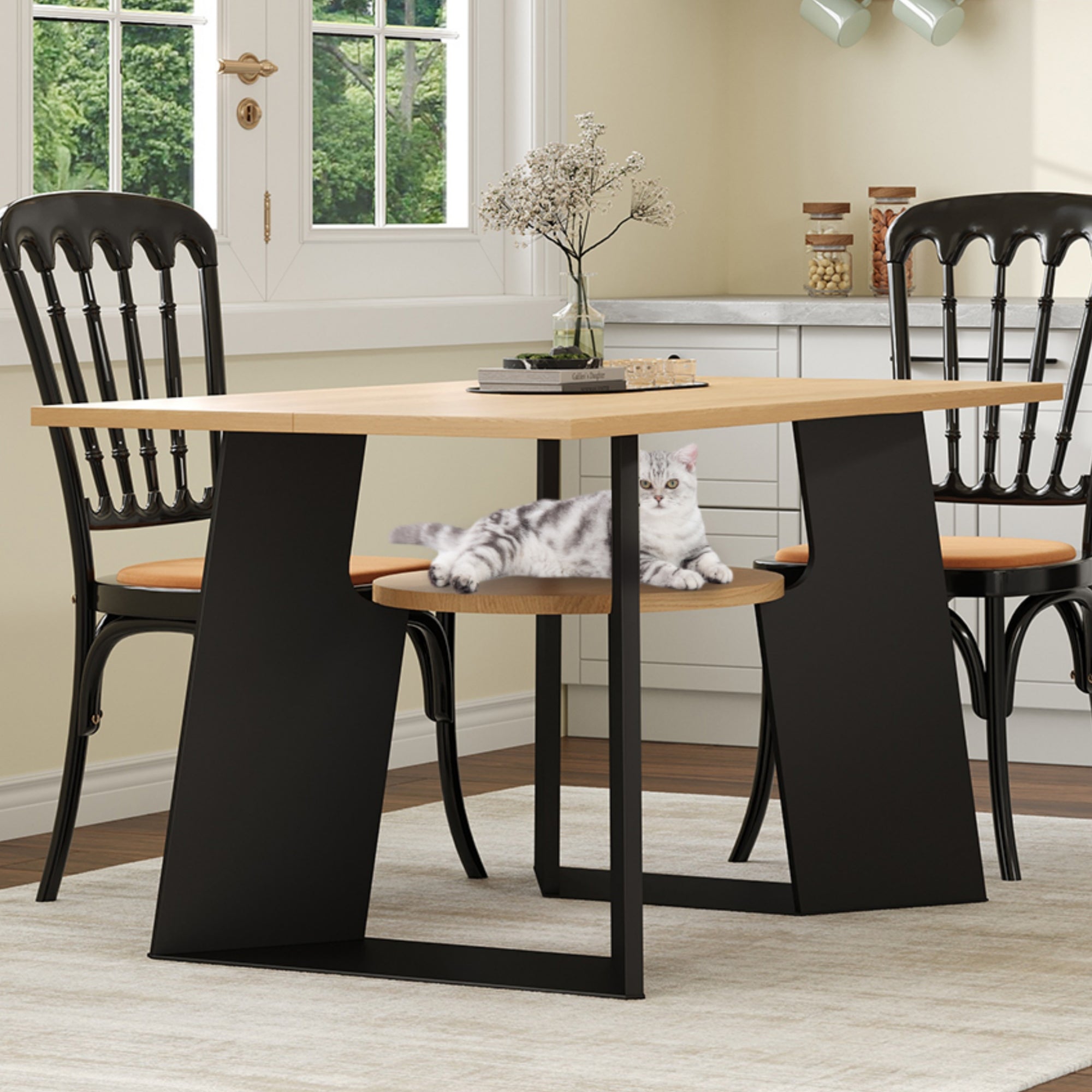 Pet-Friendly Dining Table 6 Seater Pet Area Shelf - Natural Wood/Black Mix