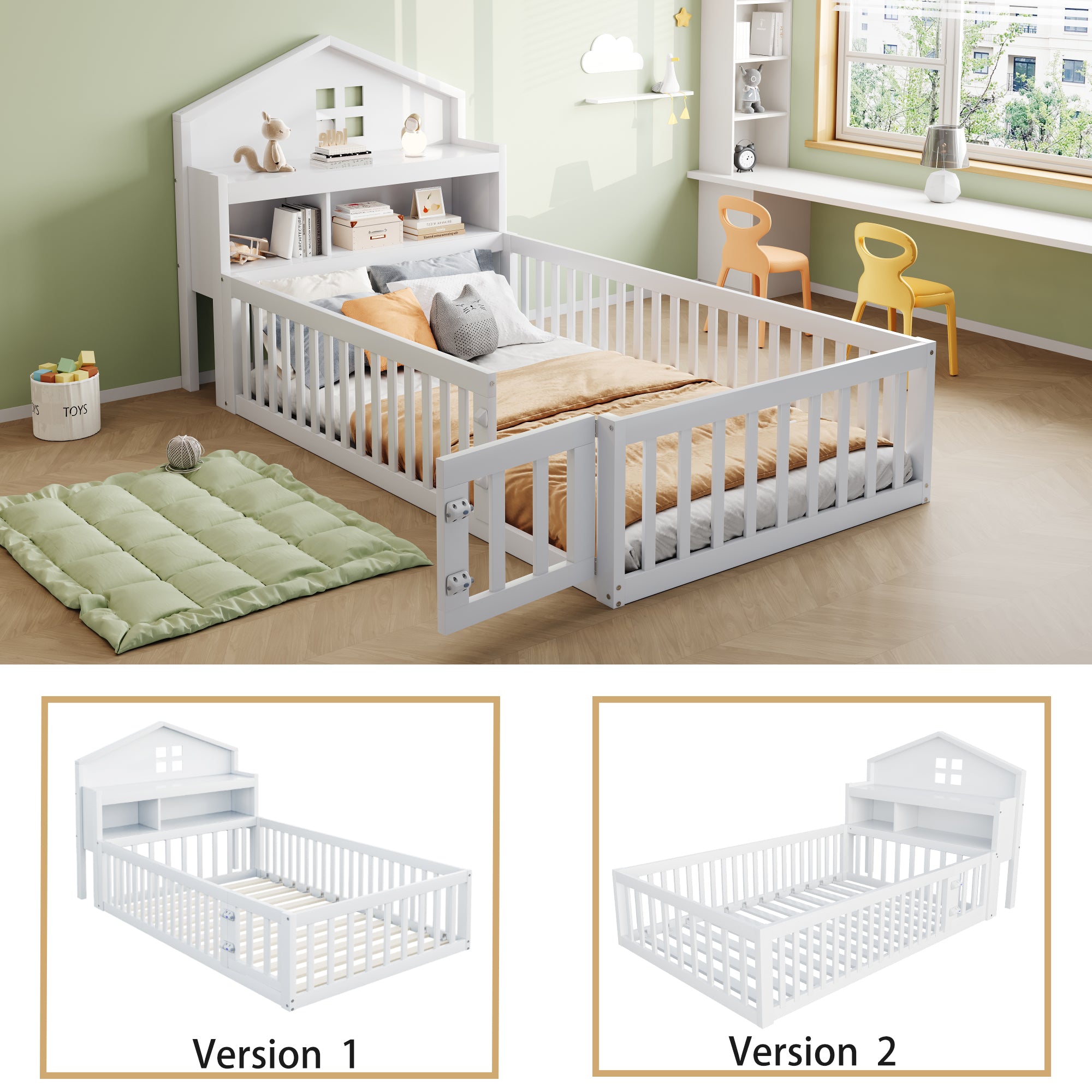 Children's Bed 90x200, Solid Wood Frame with Shelves, Storage, Safety Gate & Door, White