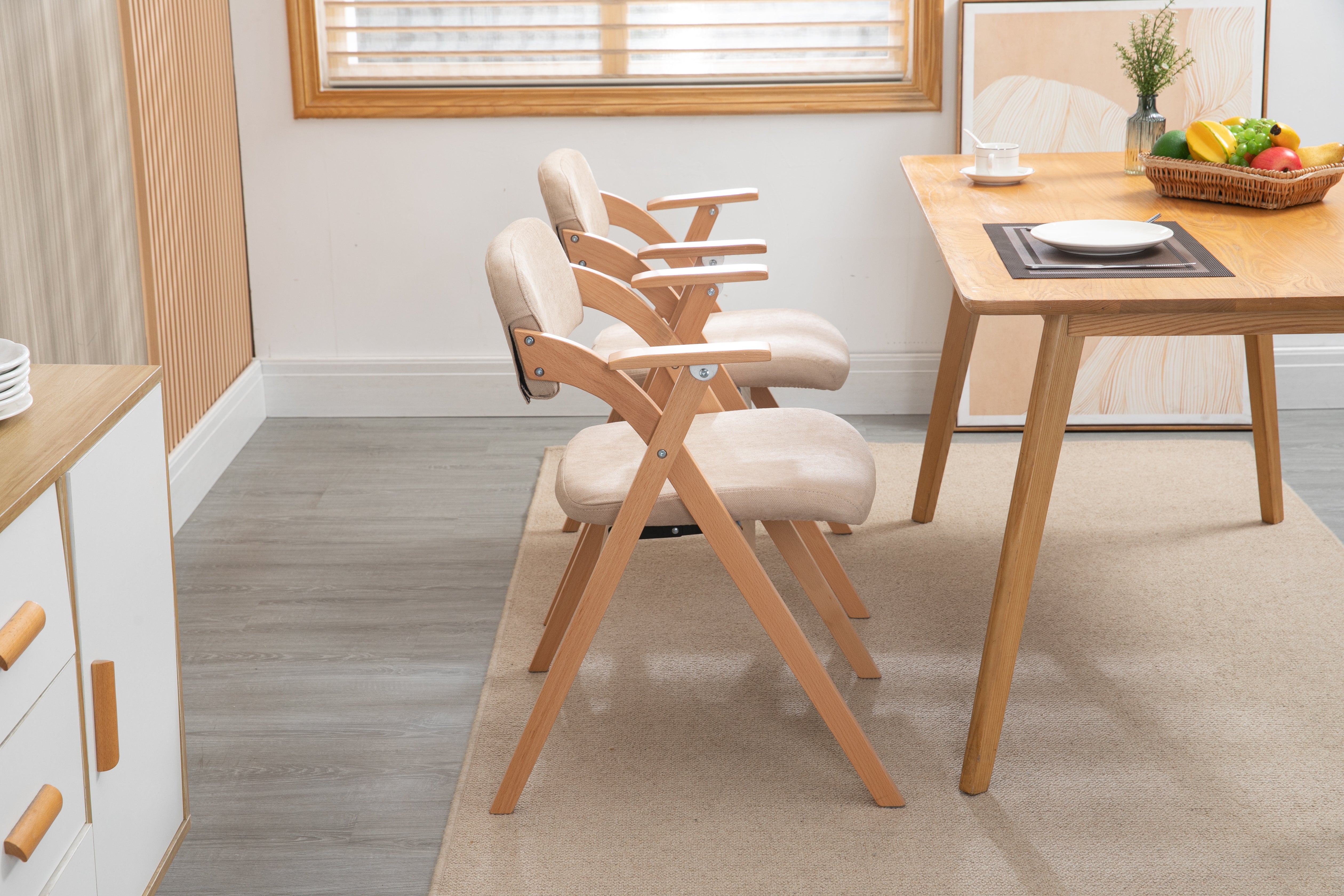 HOMEFUN Folding Dining Chairs, Padded Stackable with Armrest (Set of 2), Wooden Khaki