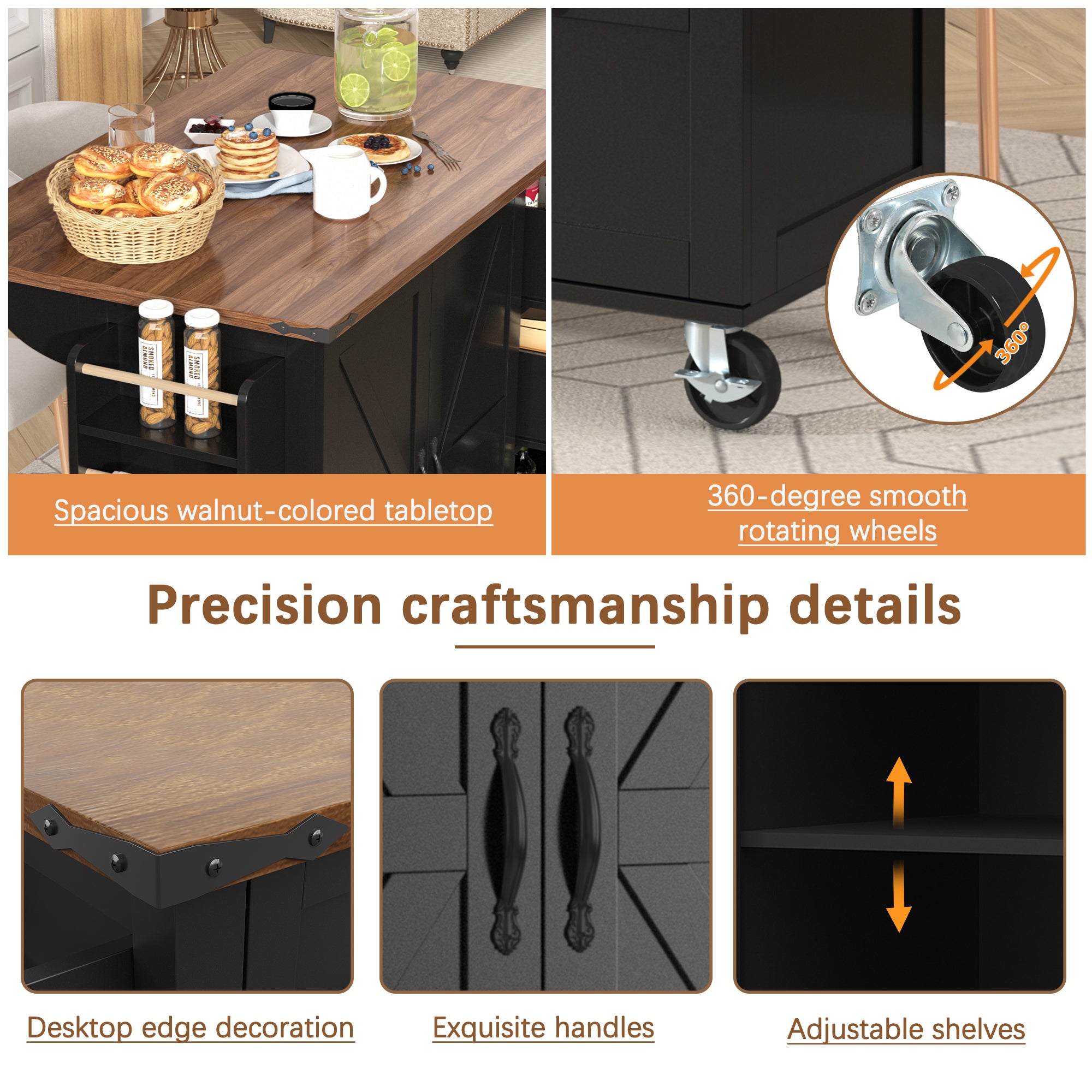 Kitchen Island Trolley with Pull-out Worktop, 2 Doors, 3 Drawers, Wood Grain Black