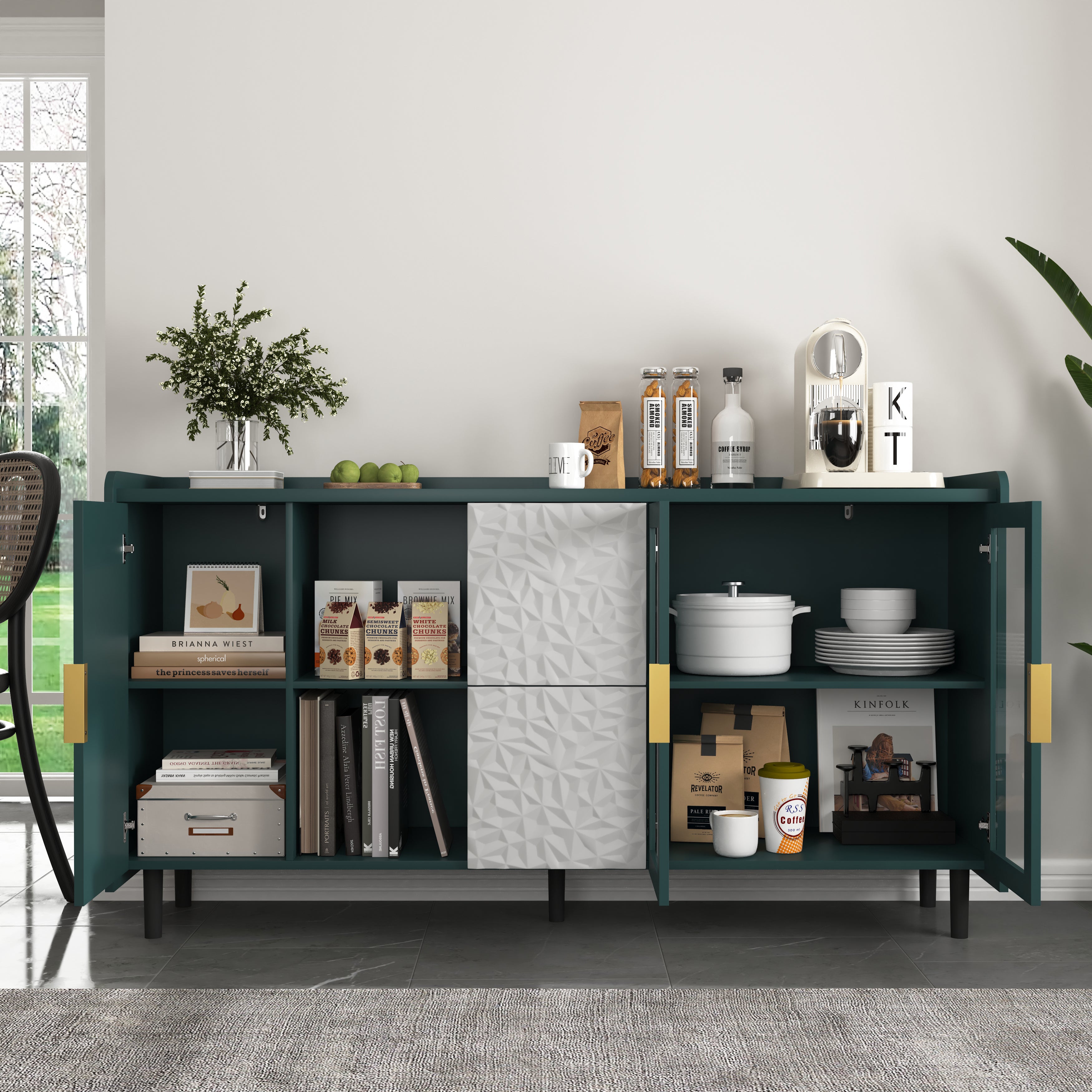 Modern Pantry Cabinet 55-inch with 2 Drawers 2 Glass Doors & Shelves - Green