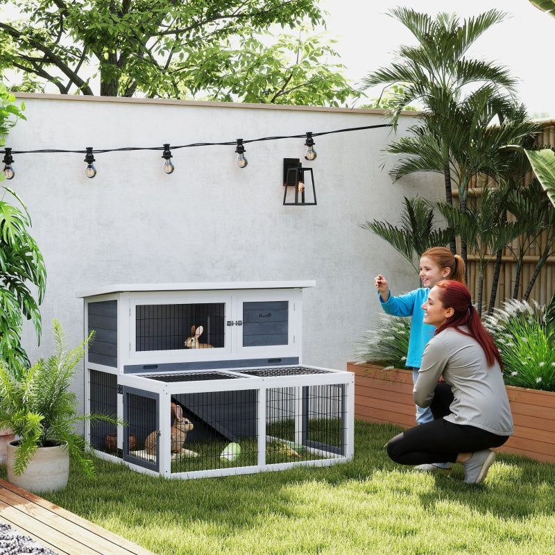 Rabbit Hutch, 2 Levels Foldable Roof Winterproof Solid Wood, Gray