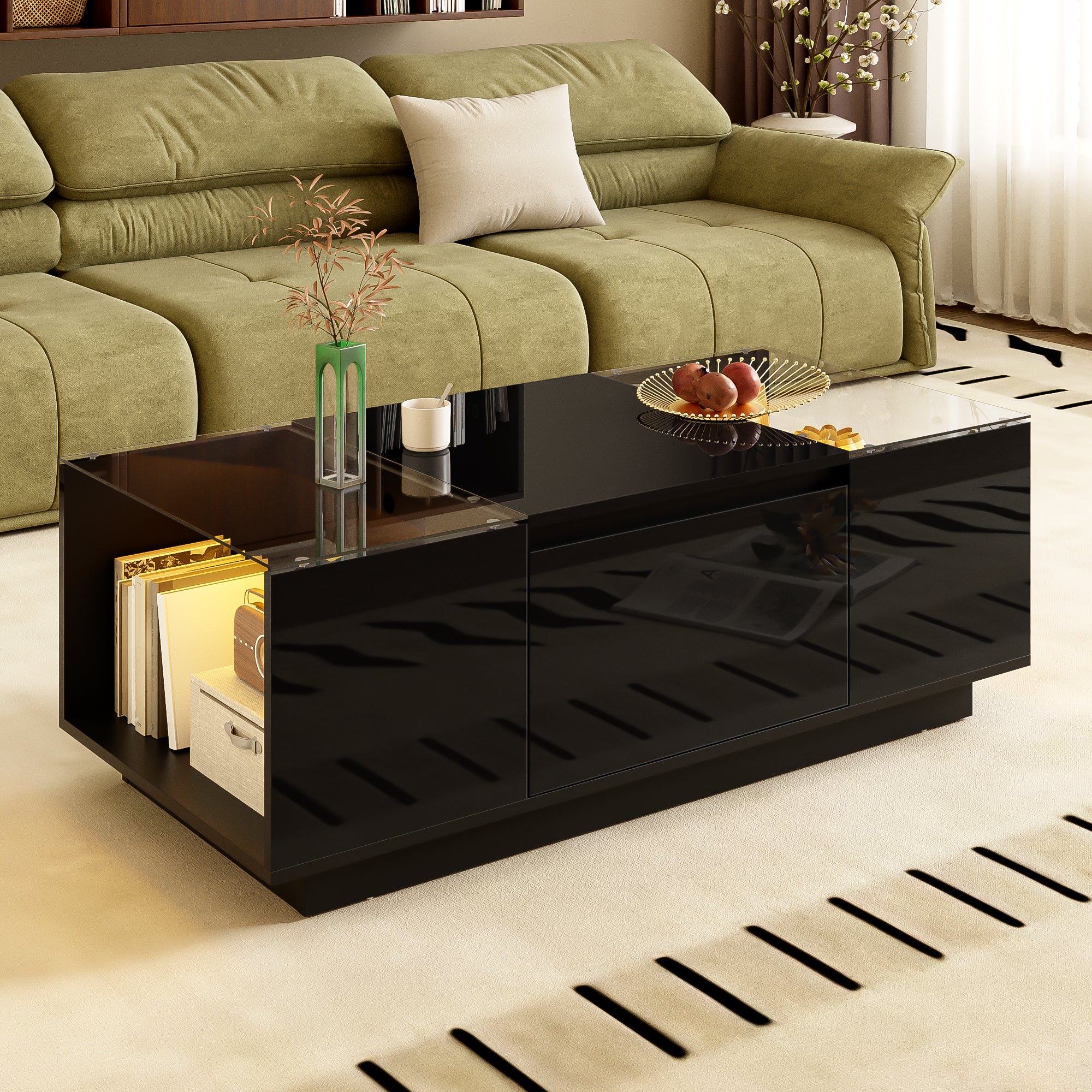 Coffee Table Modern Minimalist 105cm, Storage, LED Lighting, Glass Top, 2 Drawers