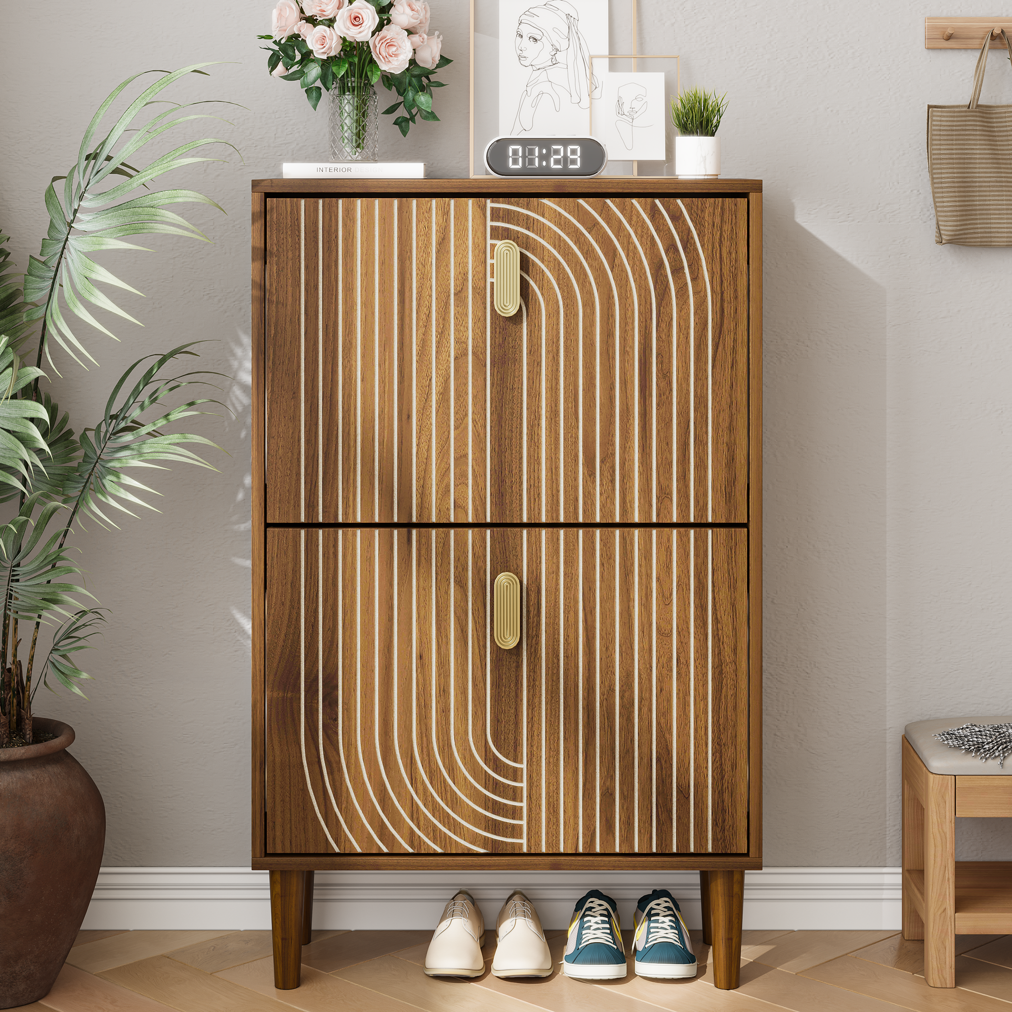 Shoe Cabinet 60cm Wide 2 Fold-Down Drawers Freestanding