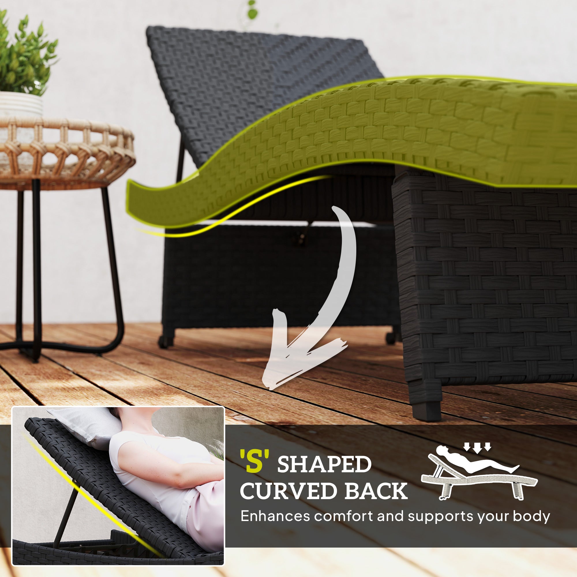 Outdoor PE Rattan Sun Lounger, Folding Recliner with 4-Level Adjustable Backrest & Wheels, Black