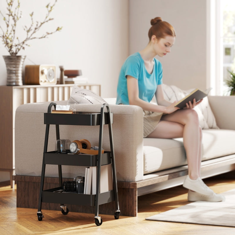 Three-Tier Storage Trolley with 4 Wheels & Mesh Shelves, Black Metal