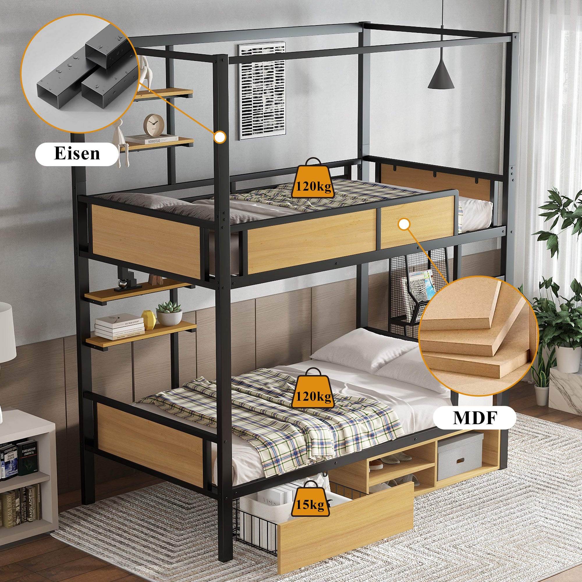 Bunk Bed, Iron & MDF, Double Shelf, Under Bed Storage, Black & Natural