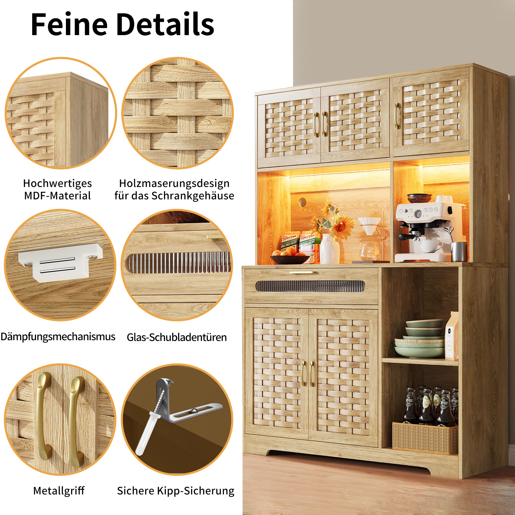Tall Display Cabinet 120x40x180cm with LED Drawers Woven Doors - MDF