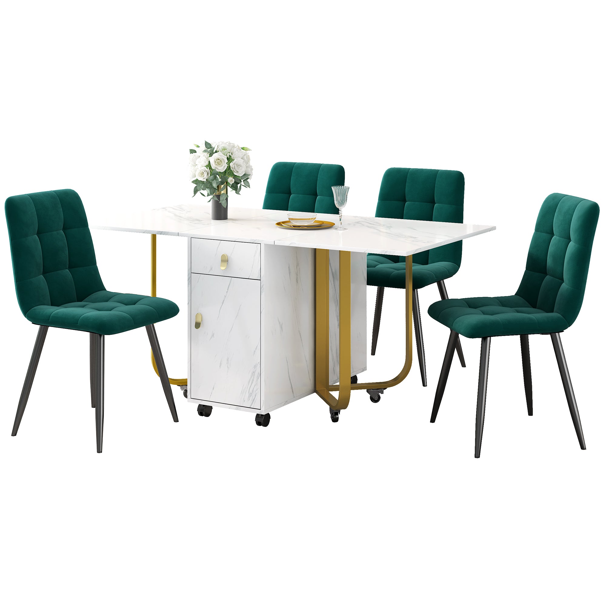 Dining Set, Folding 150cm Table & 4 Velvet Chairs, White MDF/Black Legs