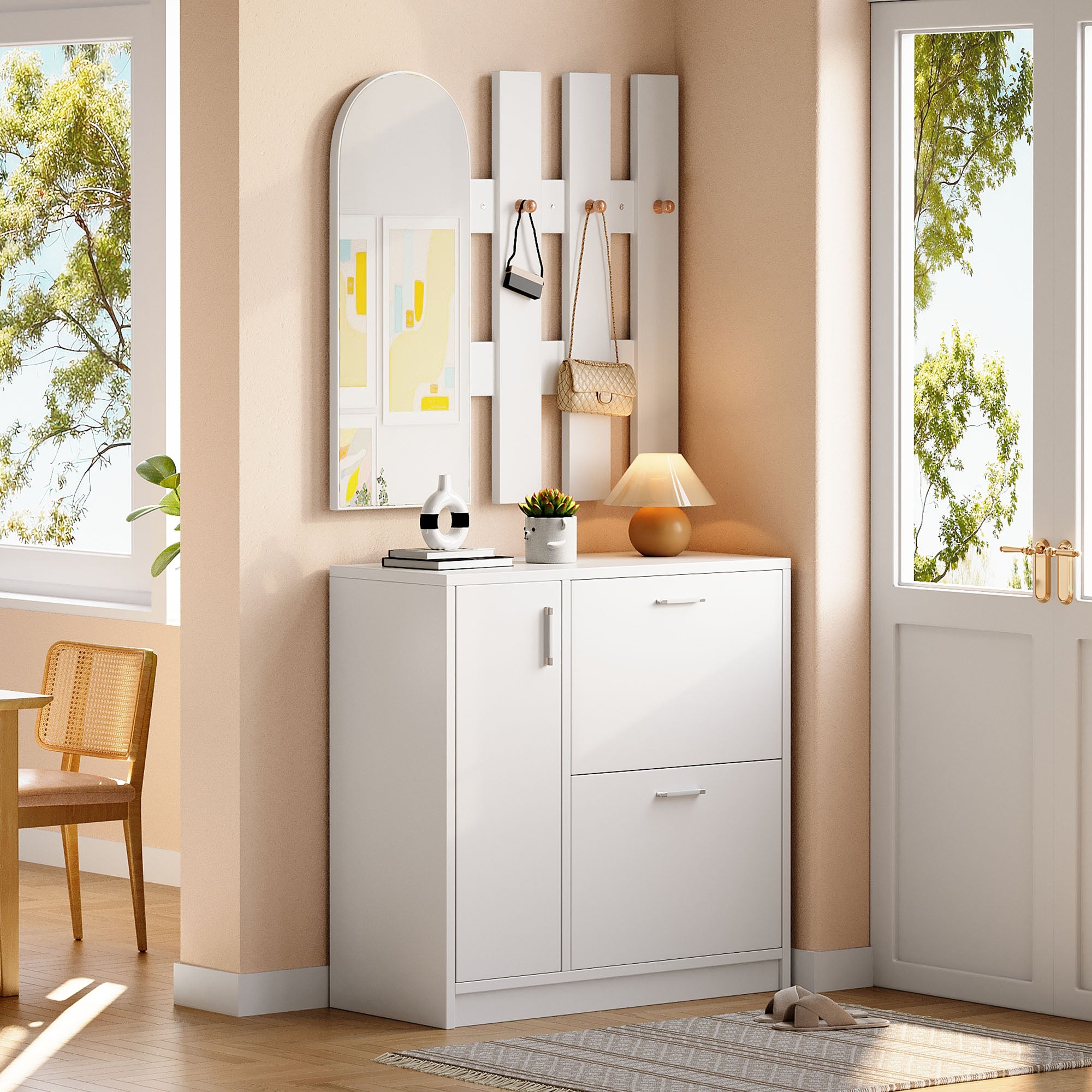 Shoe Cabinet, Folding Doors with Mirror & Hooks, White