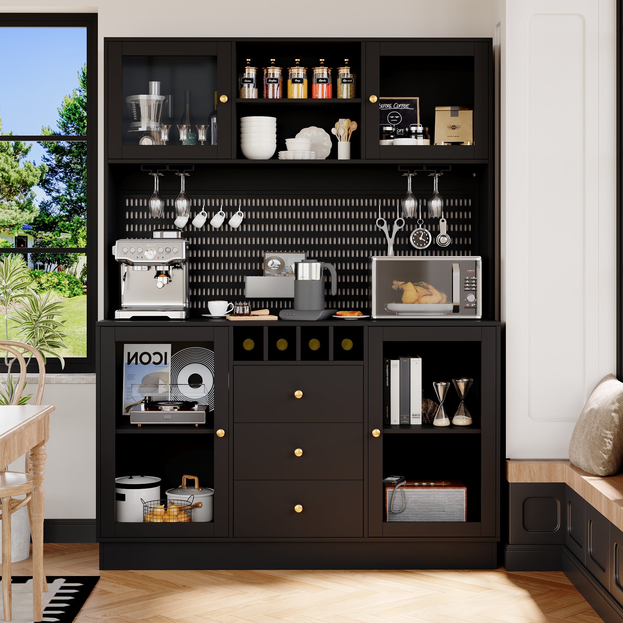 Modern Tall Cabinet with Smart LED Lighting, Wine Rack and Adjustable Shelves, Black