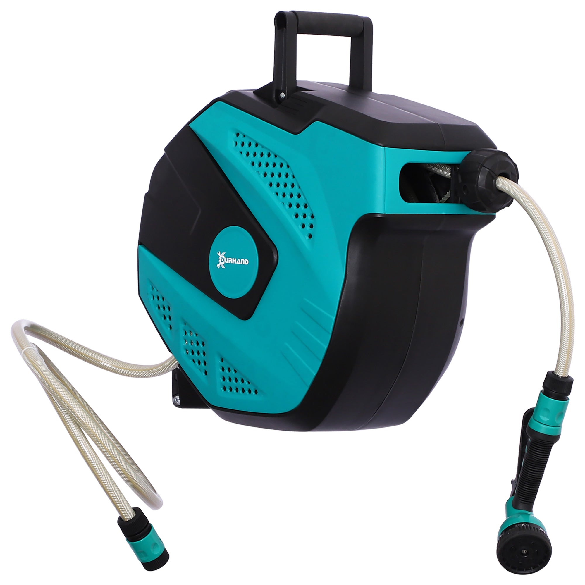 DURHAND Wall-Mounted Hose Reel, 15m Multi-Spray 180° Swivel, Plastic Green Black