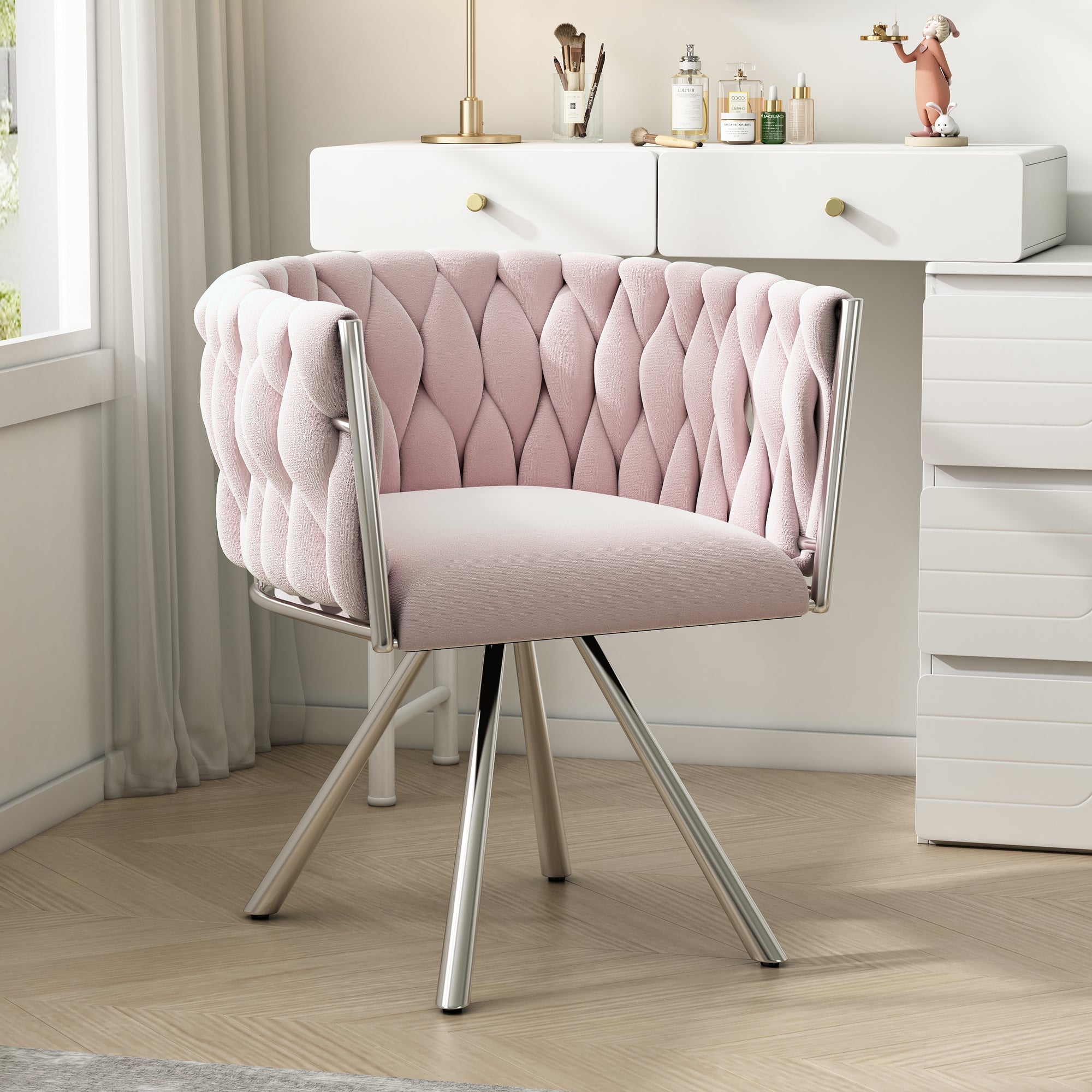 Velvet Dining Chair, Single Light Luxury Living Room Bedroom Swivel Chair with Four Metal Support Legs, Pink