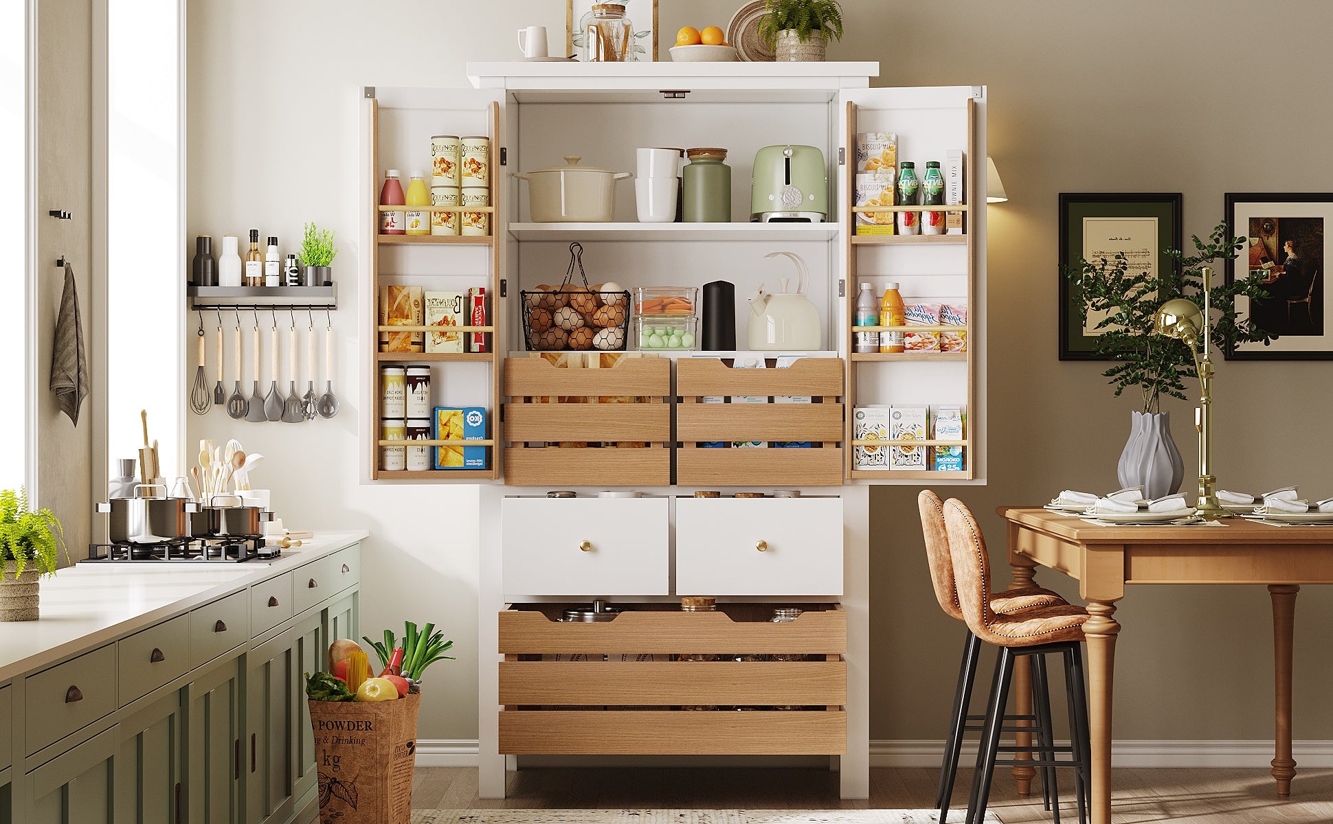 Tall Kitchen Cabinet Buffet 80x140cm Multi-Purpose Storage with 2 Doors & 5 Drawers Black/White