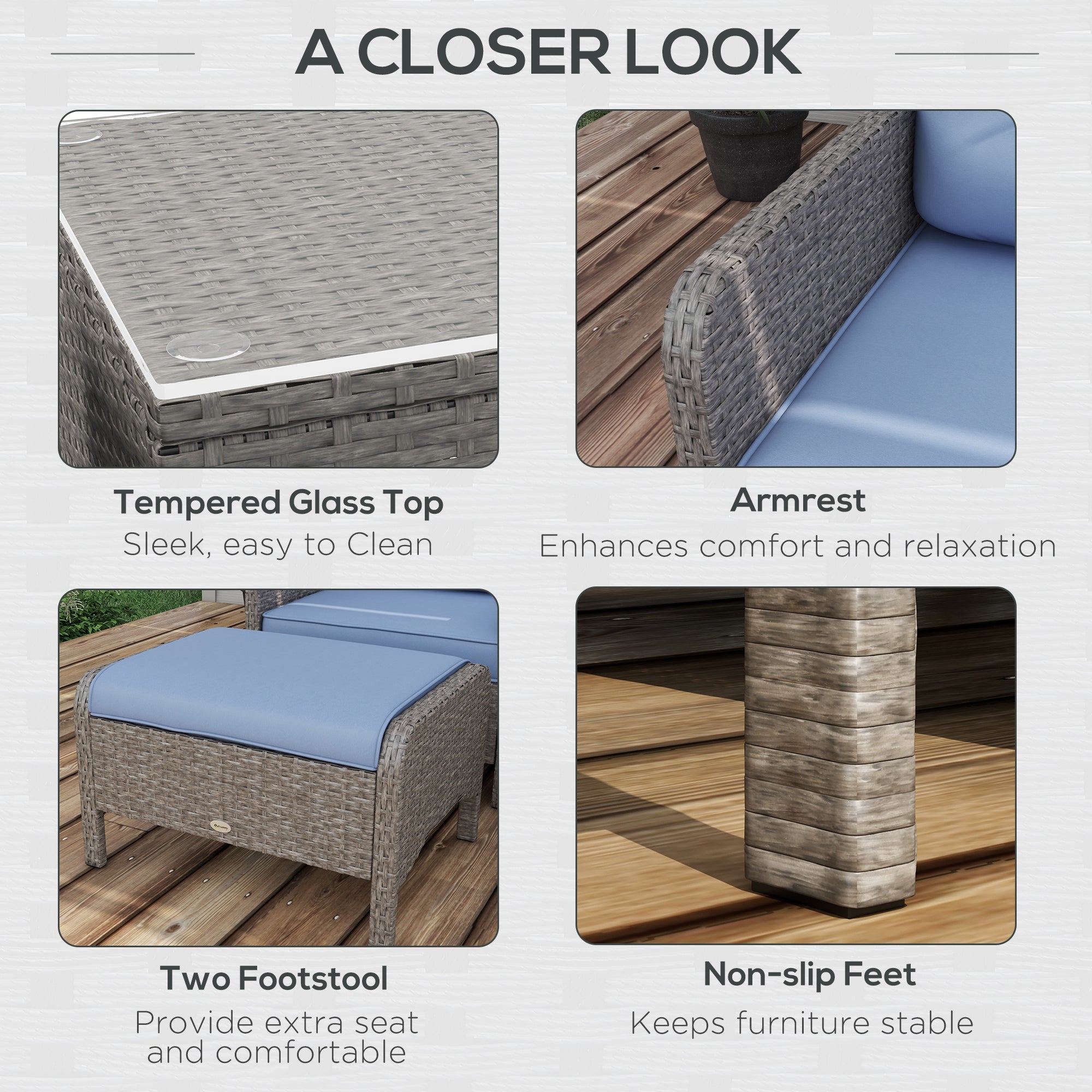 5 Pieces Garden Furniture Set Wicker Outdoor Sofa 2 Armchairs 2 Stools Glass Table Cushions Blue Rattan