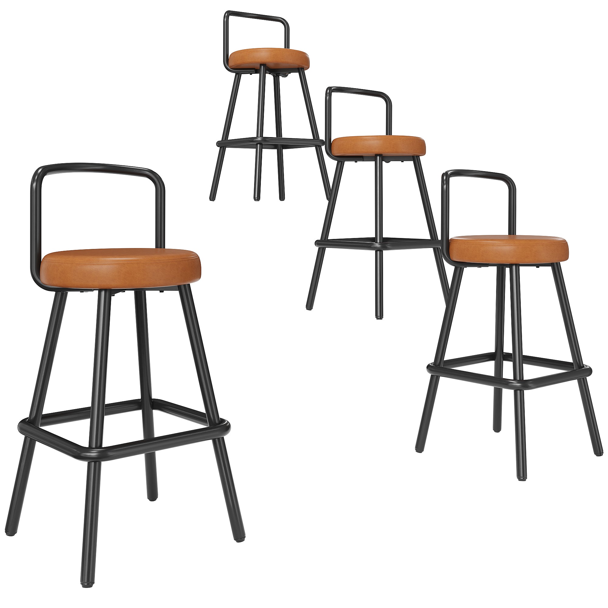 Modern Bar Stools Set of 4, Ergonomic Backrest with Footrest, PU Leather and Iron, Brown