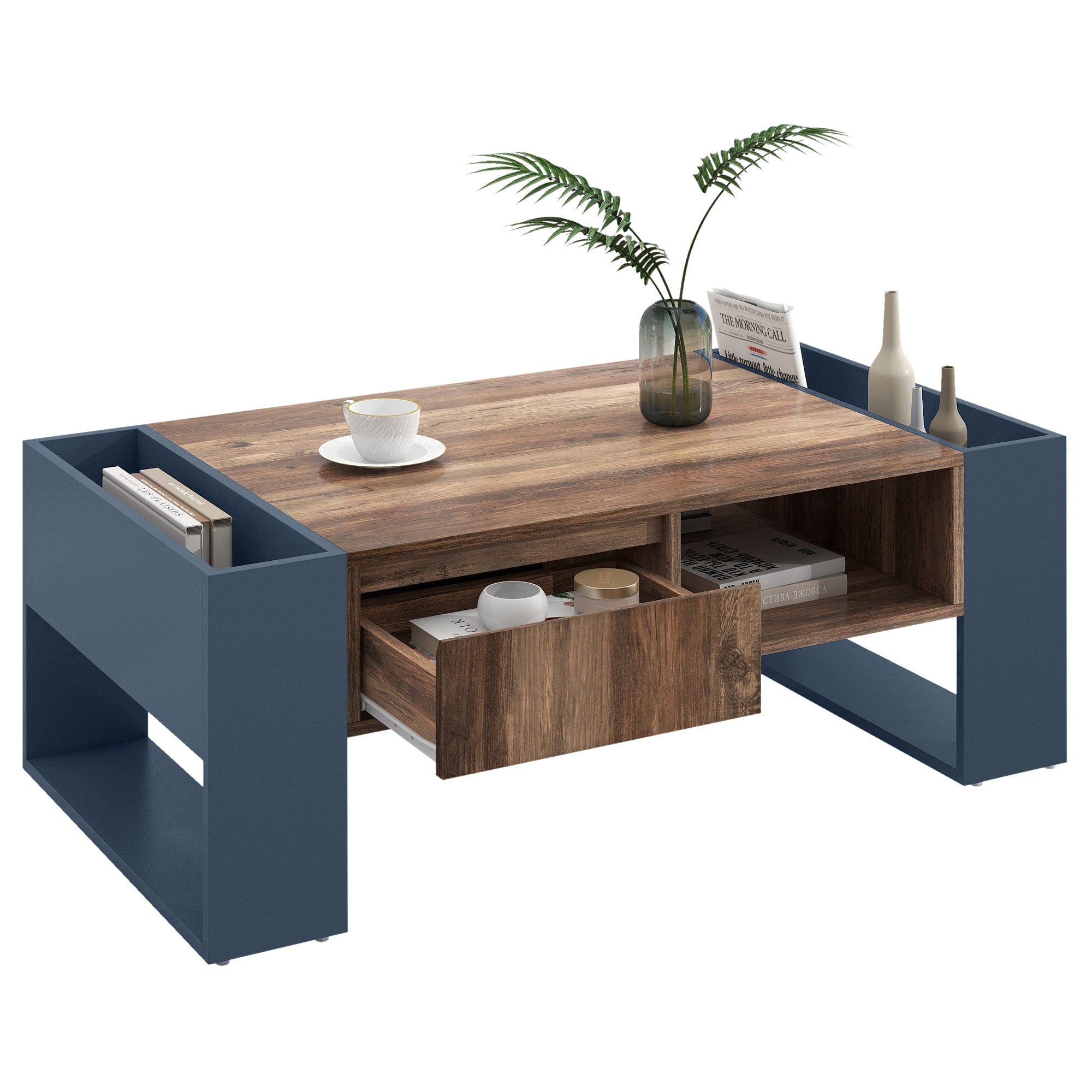 Coffee Table with Handleless Drawer & Double-Sided Storage, Anthracite Wood Grain