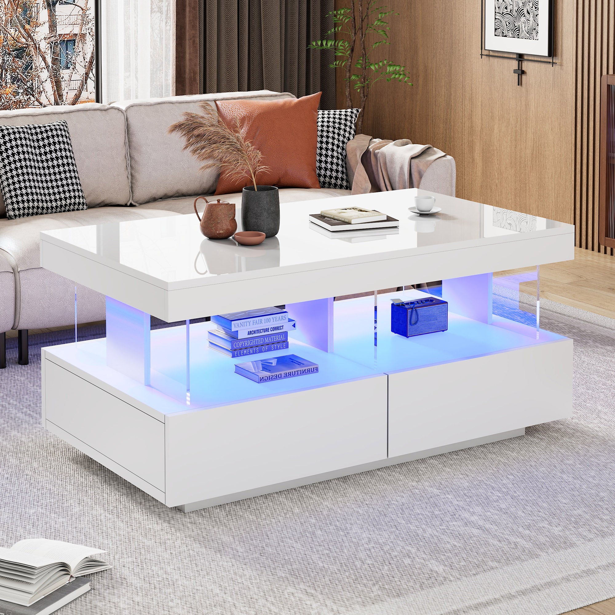 Modern Coffee Table with High-Gloss Top and 2 Drawers, White