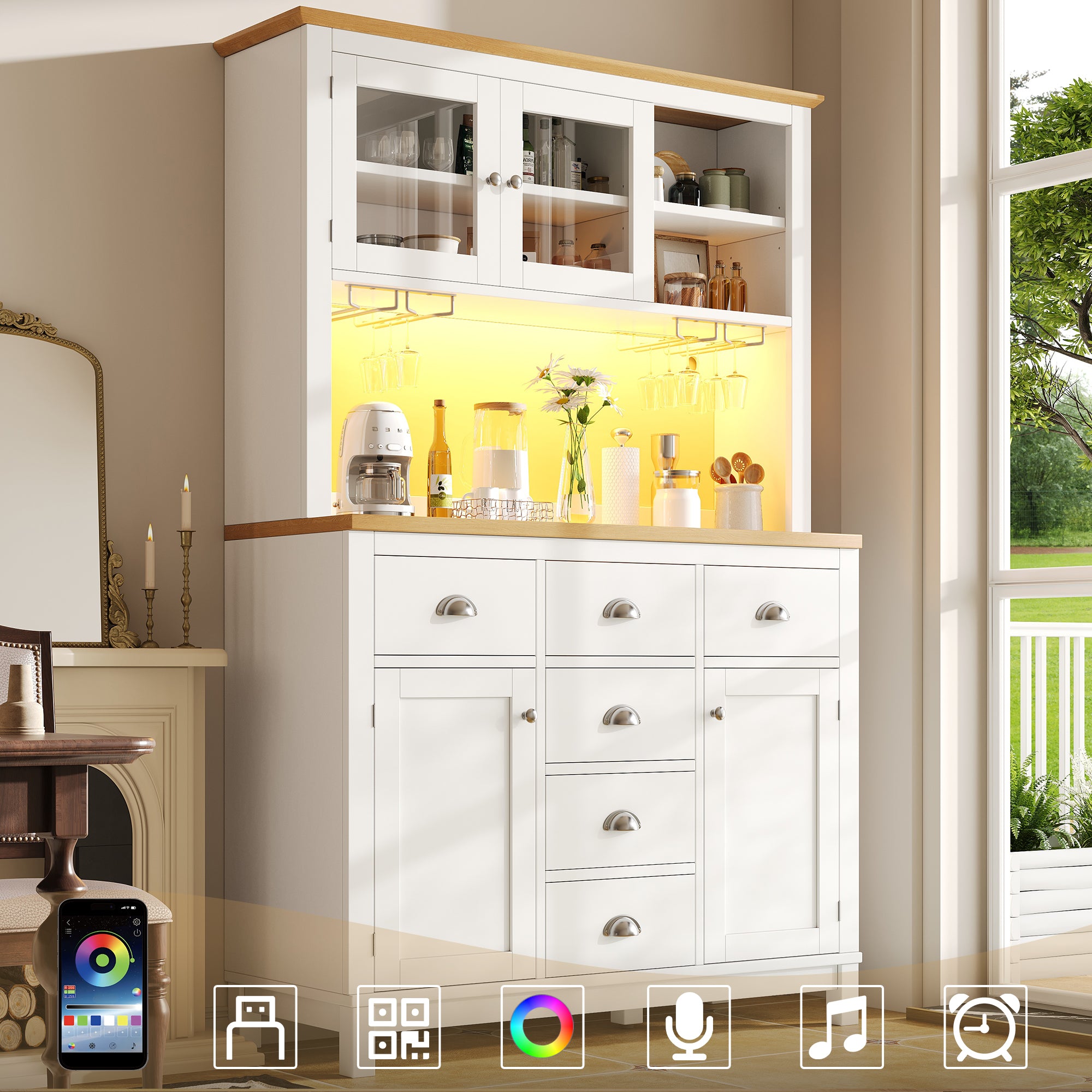 Sideboard Buffet Cabinet with 4 Doors and LED Light Strip, Green and White