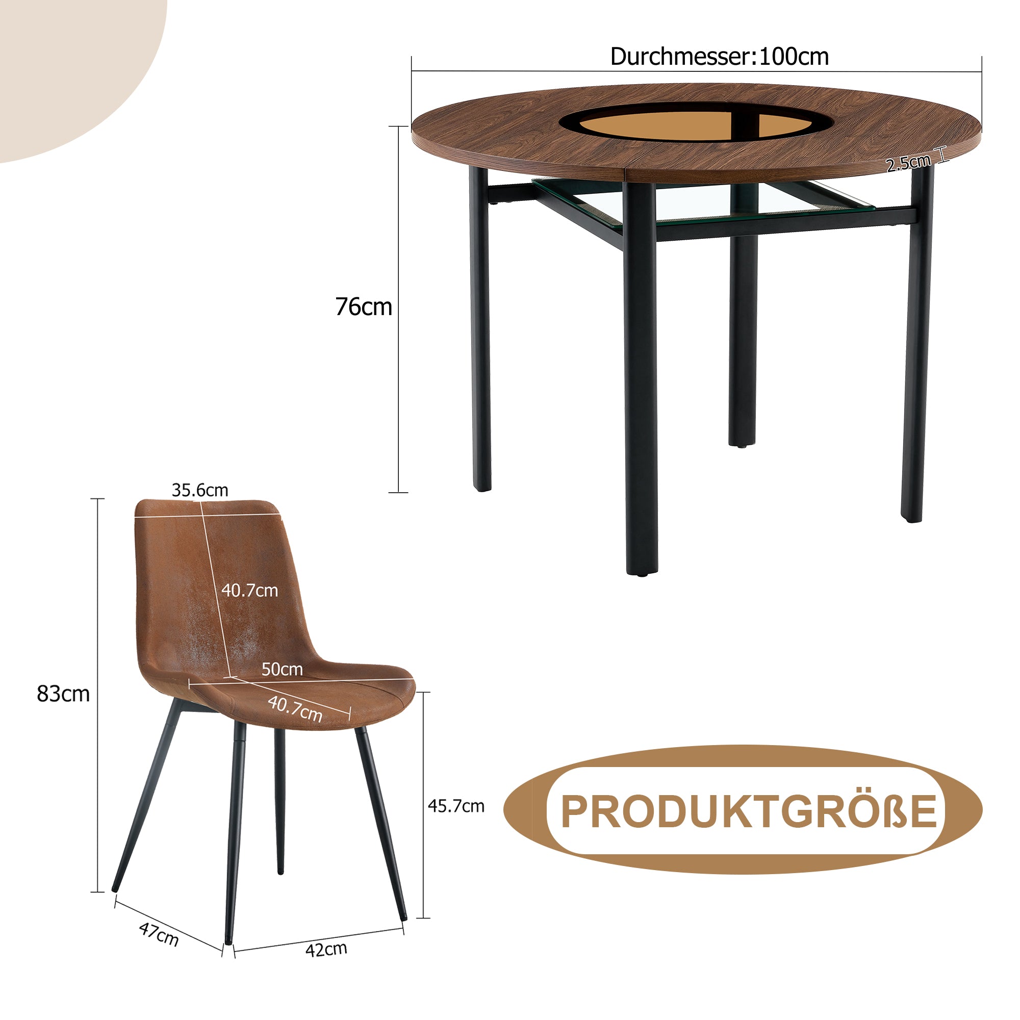 Modern Minimalist Round Table Set, 100cm Diameter, 4 Armchairs, Brown Wood/High-Tech Fabric