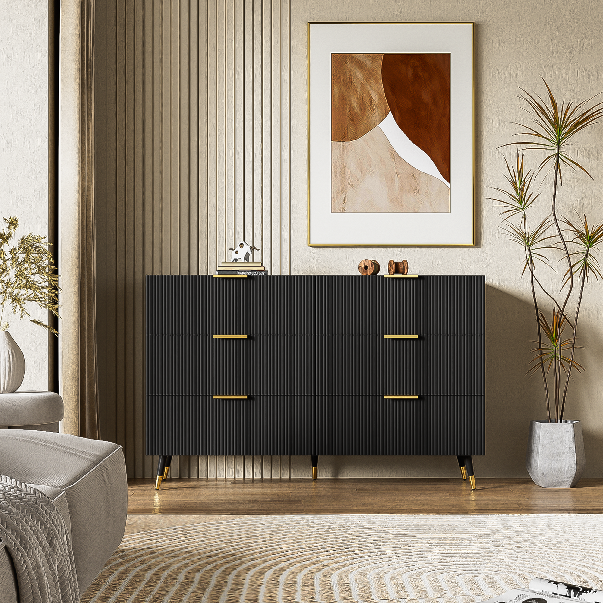 Sideboard, Modern Design Chest of Drawers, Black and Gold