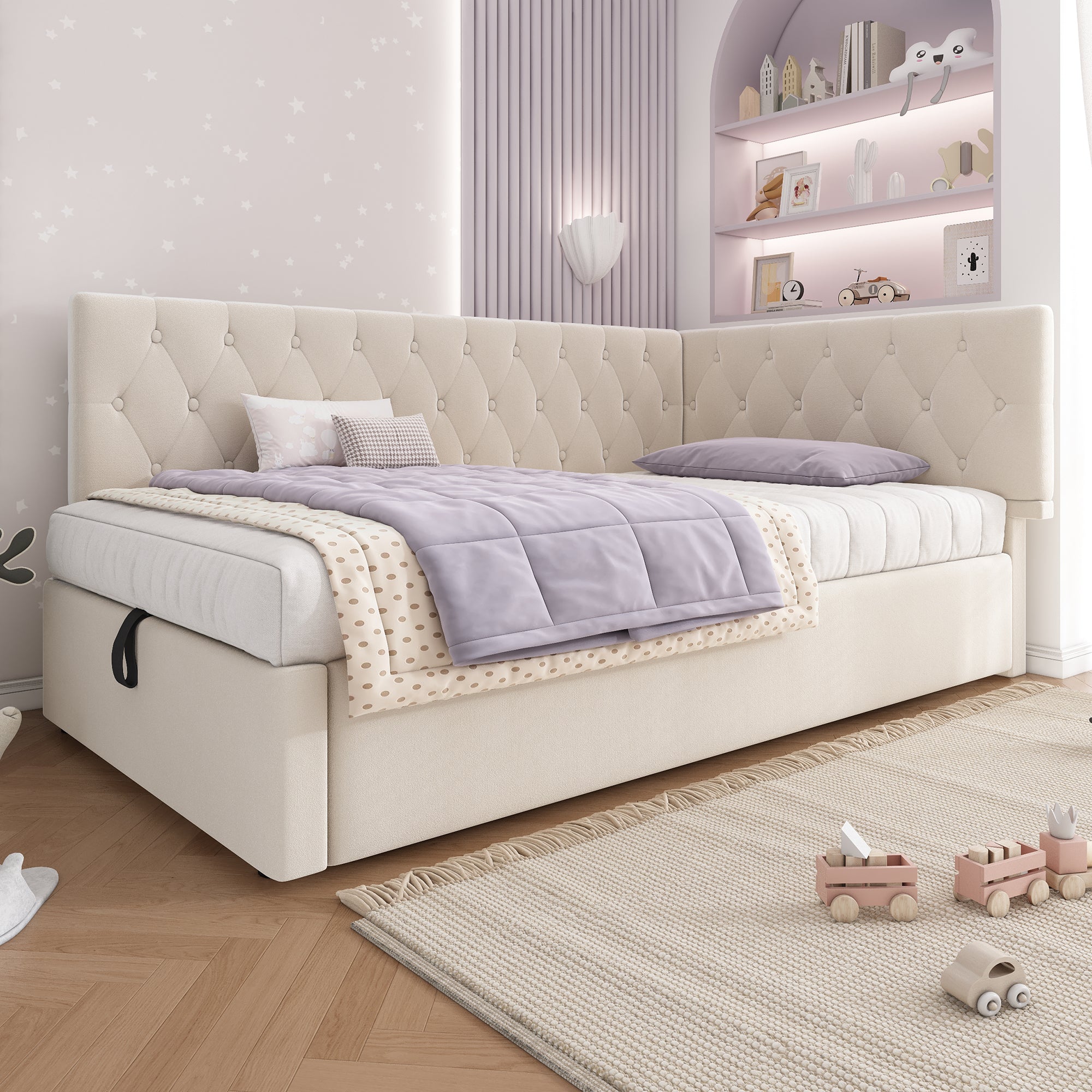 Upholstered Bed, Daybed 90x200cm with Hydraulic Storage, Wooden Slatted Frame, Beige Velvet