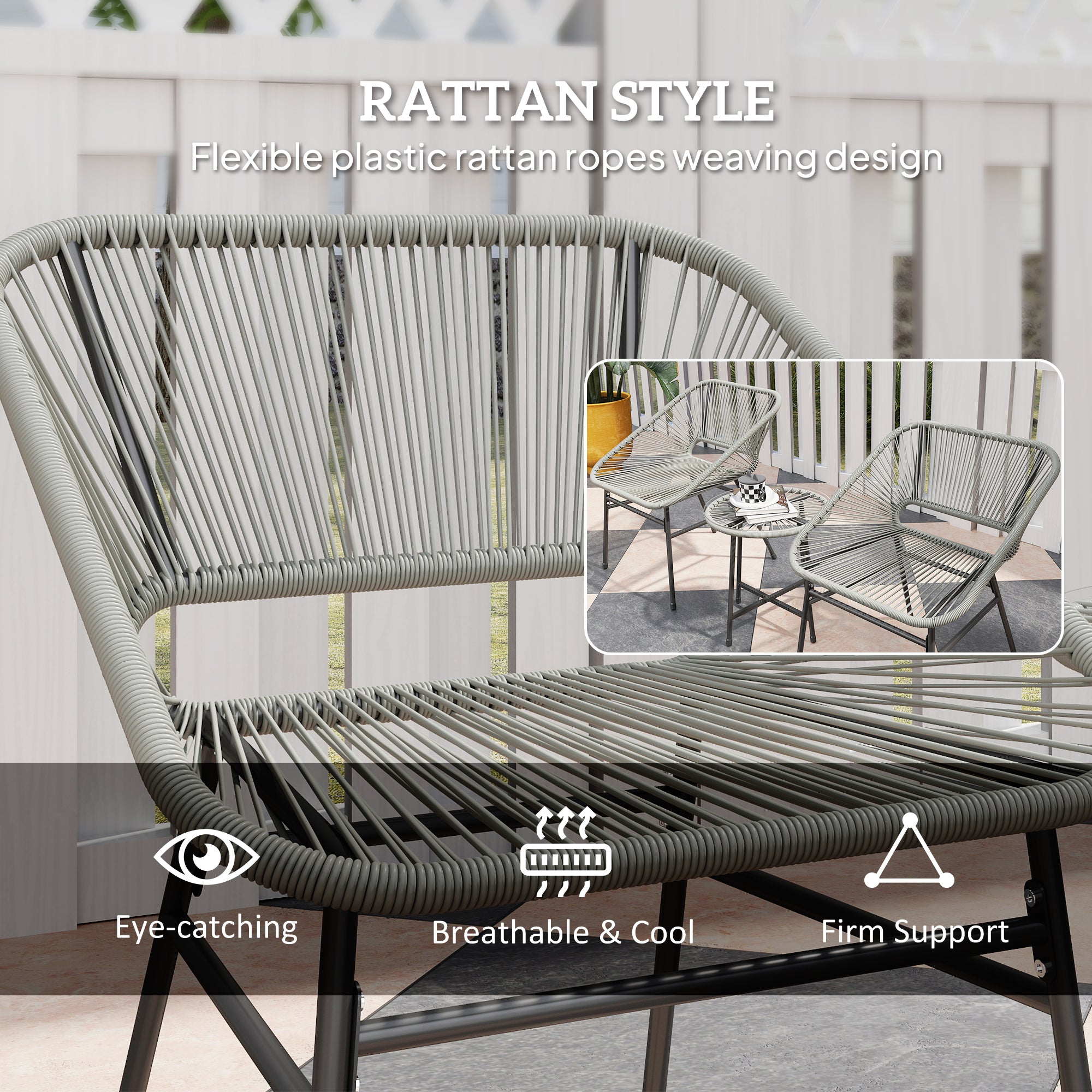 3 Pieces Rattan Bistro Set, Wicker Table and Chairs with Glass Top and Cushions, Light Grey