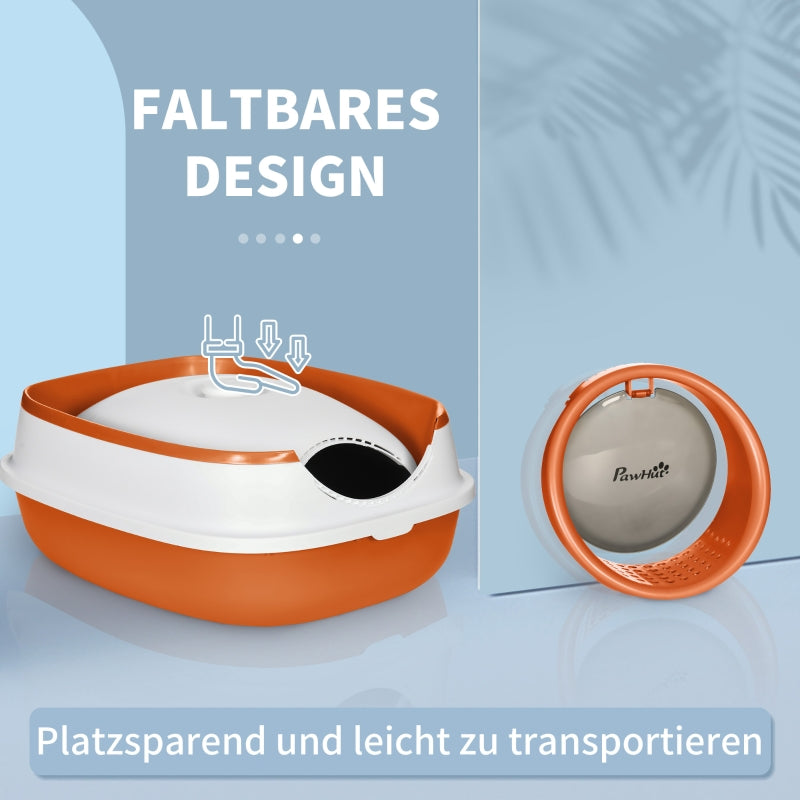 Cat Litter Box, with Lid and Scoop, White/Orange