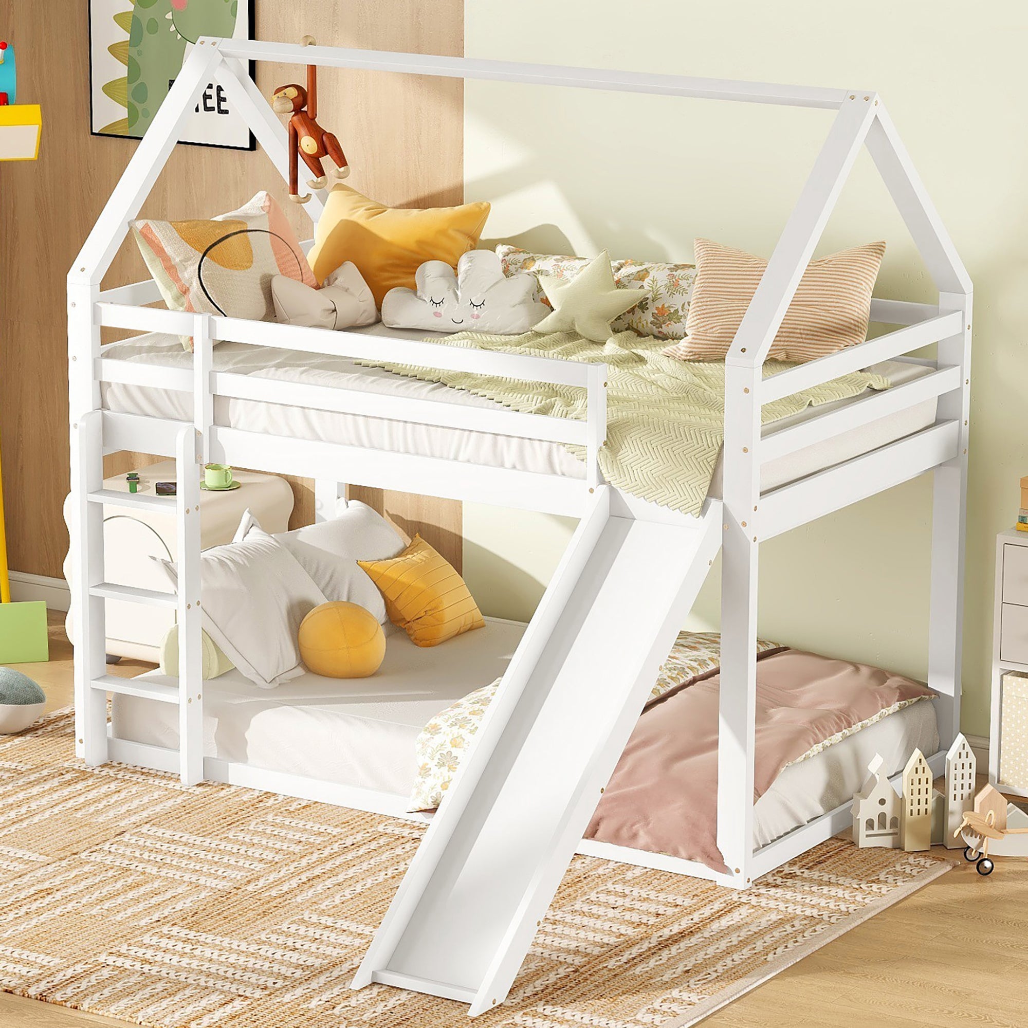 Single House Bunk Bed with Slide and Ladder, 90x200cm, White