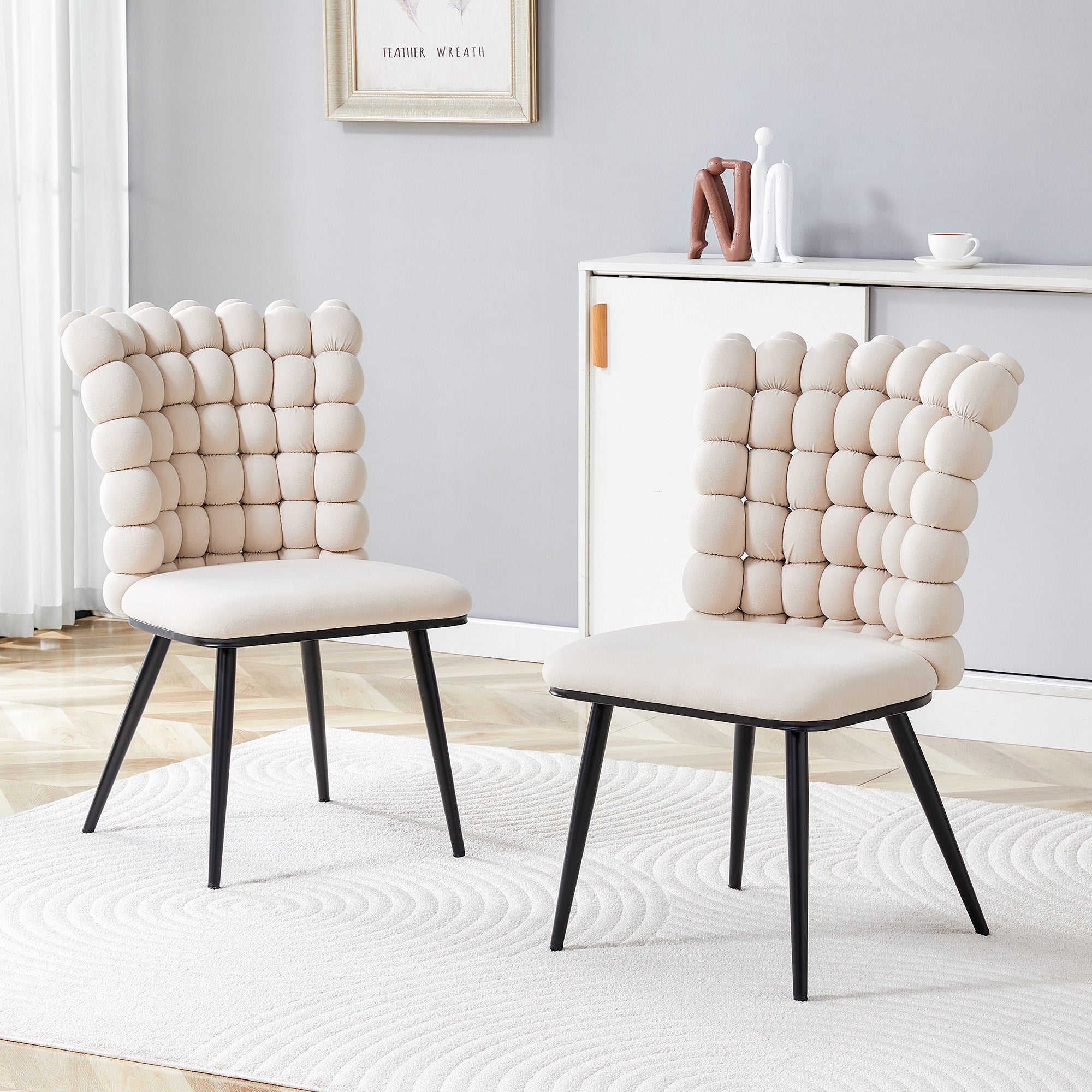 Dining Chairs (Set of 2), Ball Chain & Metal Legs, Cream-White Velvet