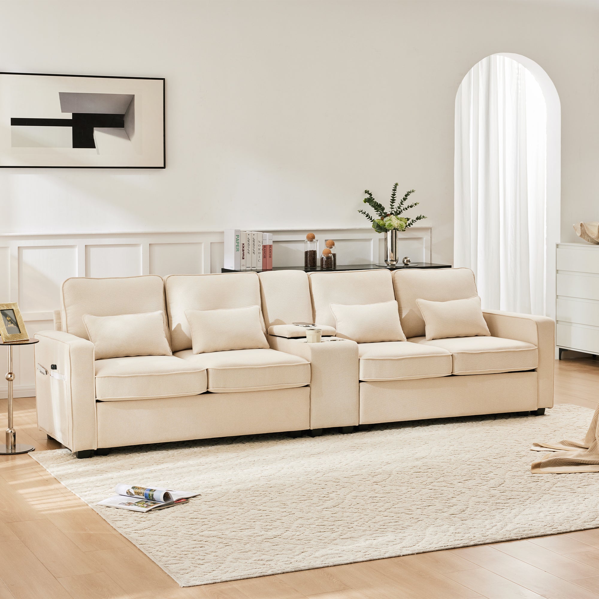 Sofa, 4-Seater with Console, Cup Holders, USB Ports, Linen Fabric