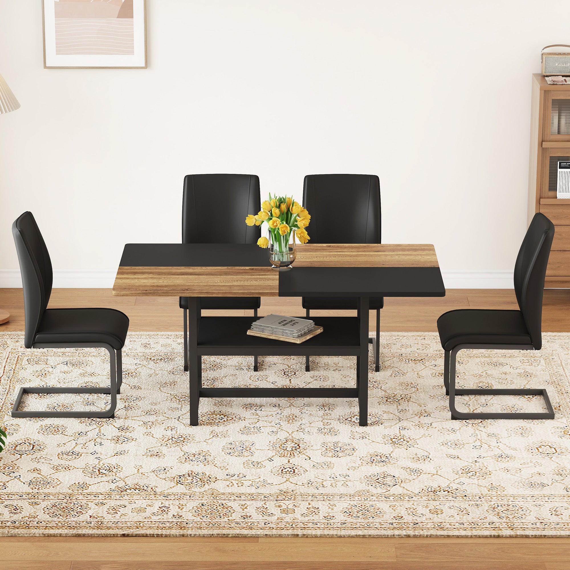 Dining Table Set, Rectangular with Storage Shelf and 4 Armchairs, Black Faux Leather