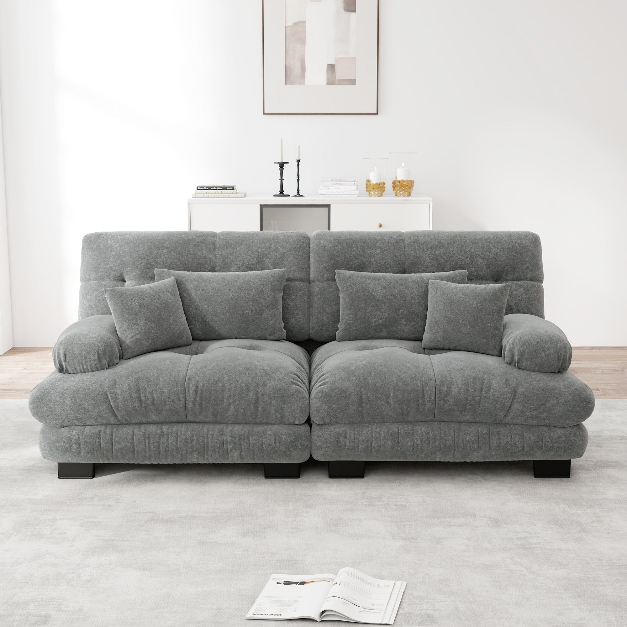 Cloud Corner Sofa, Double with Lumbar & Decorative Cushions, Chenille Grey
