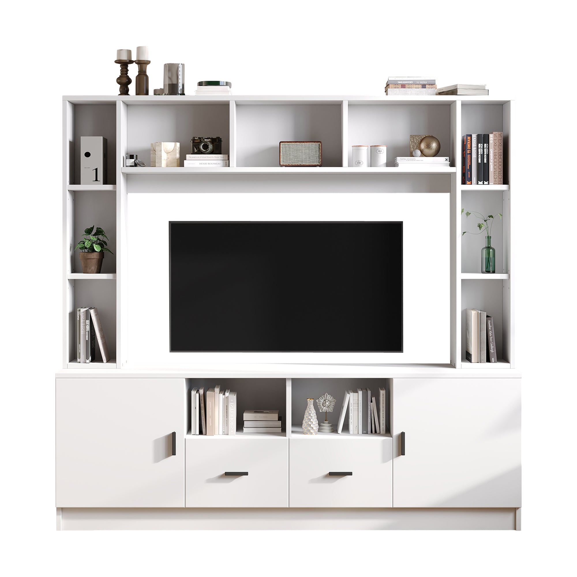 TV Wall Unit Set with Display Cabinet, Media Stand, Shelf, 2 Cabinets, 2 Drawers, for up to 60" TV, White