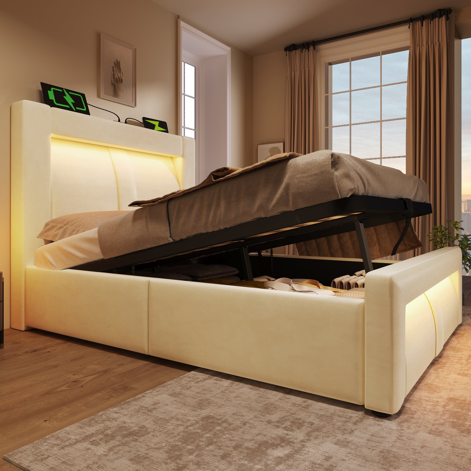 Single Bed with Hydraulic Storage, LED Lighting and Charging Ports, Beige Velvet