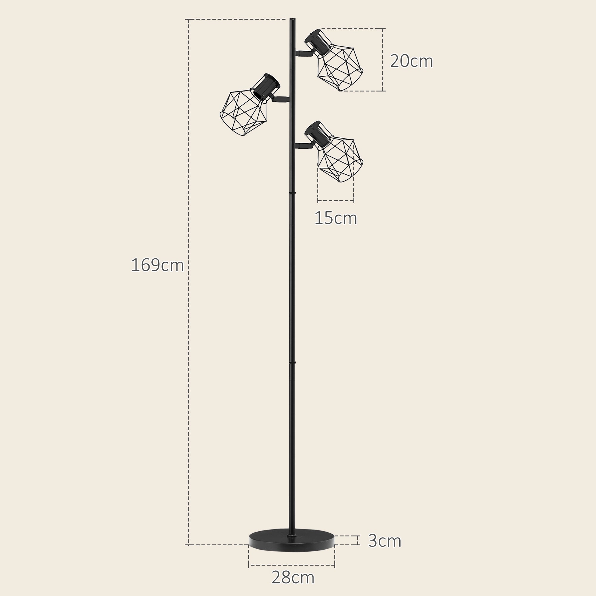 Floor Lamp, 3 E27 Sockets 40W Adjustable Flames 169cm, Black Metal