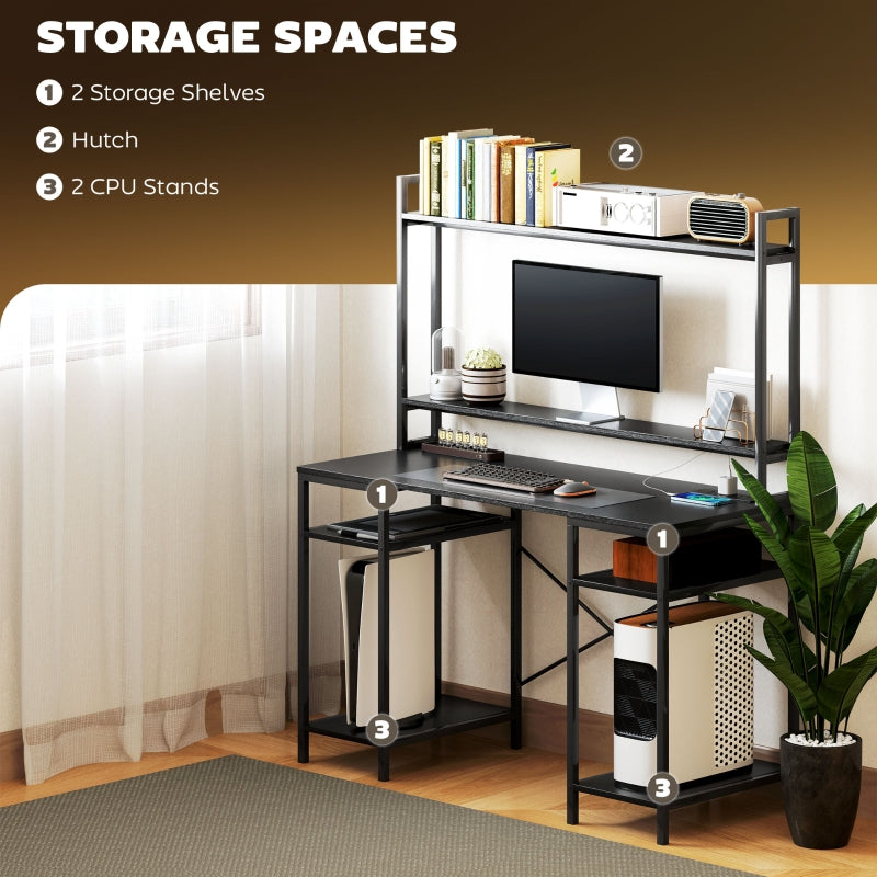 Computer Desk with Power Outlets, LED Lights, Monitor Stand, Storage, Black