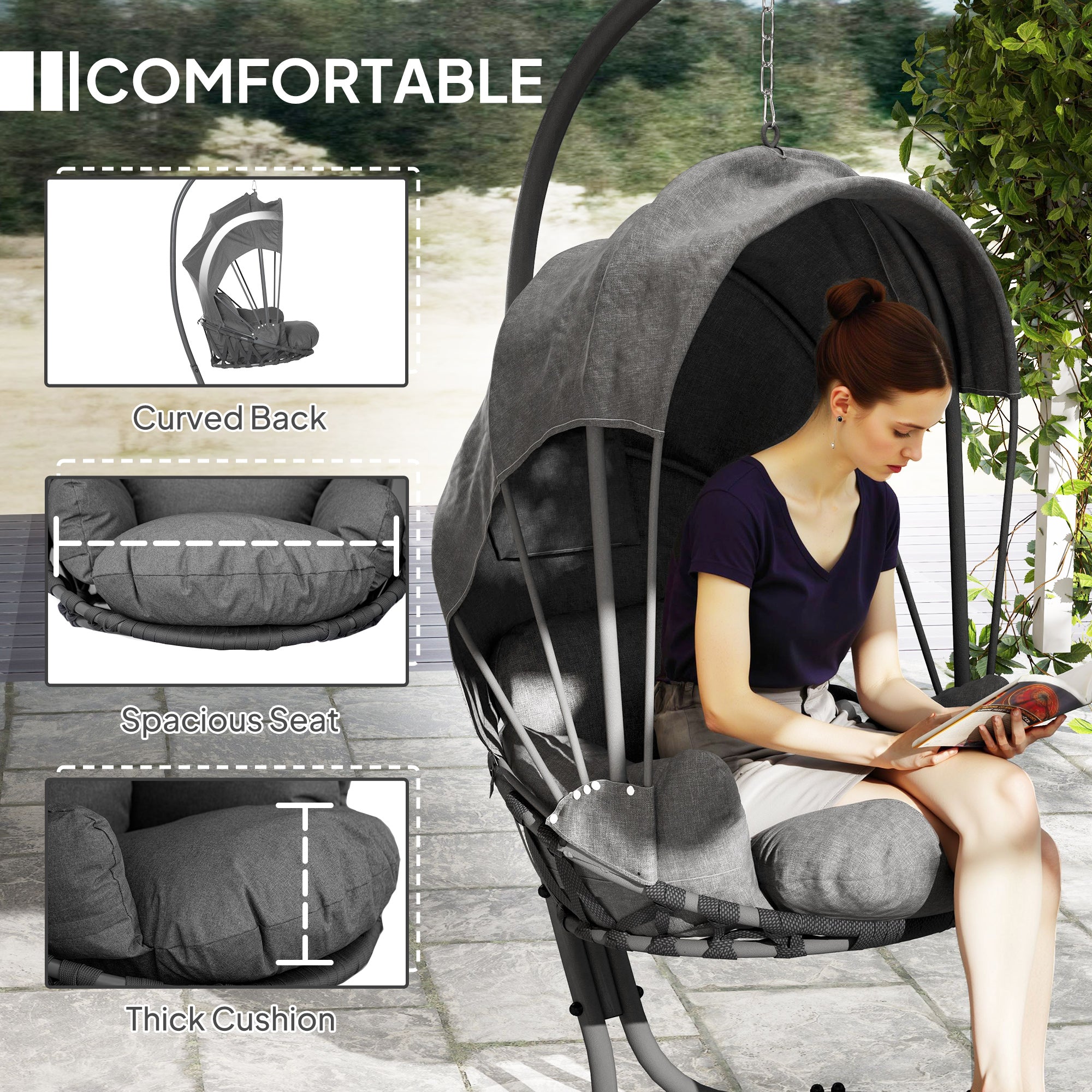 Hanging Egg Chair Swing with Stand, Cushion, and Retractable Canopy - Grey