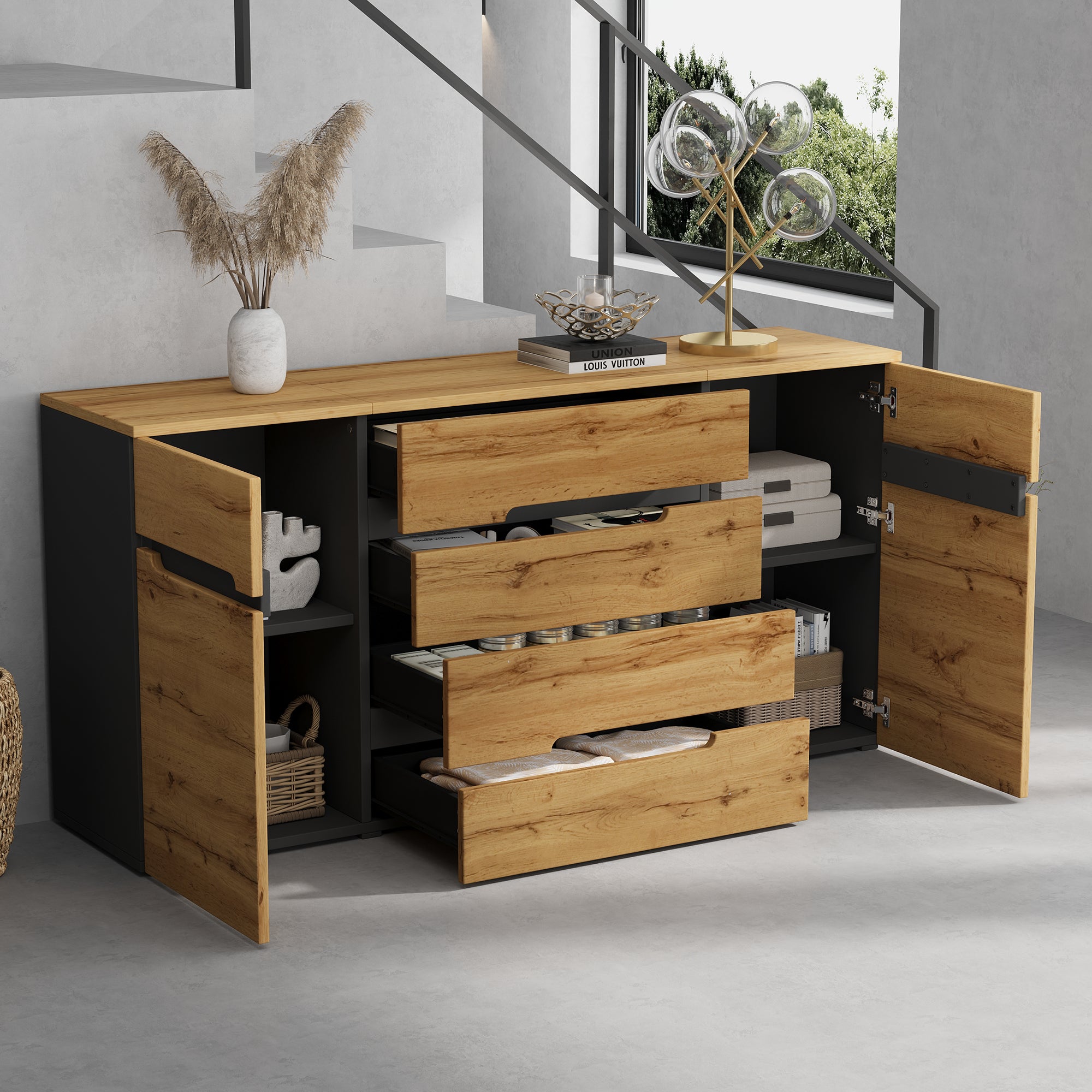 Sideboard Cabinet with 2 Doors, 4 Drawers, Handleless, Wood Color + Black