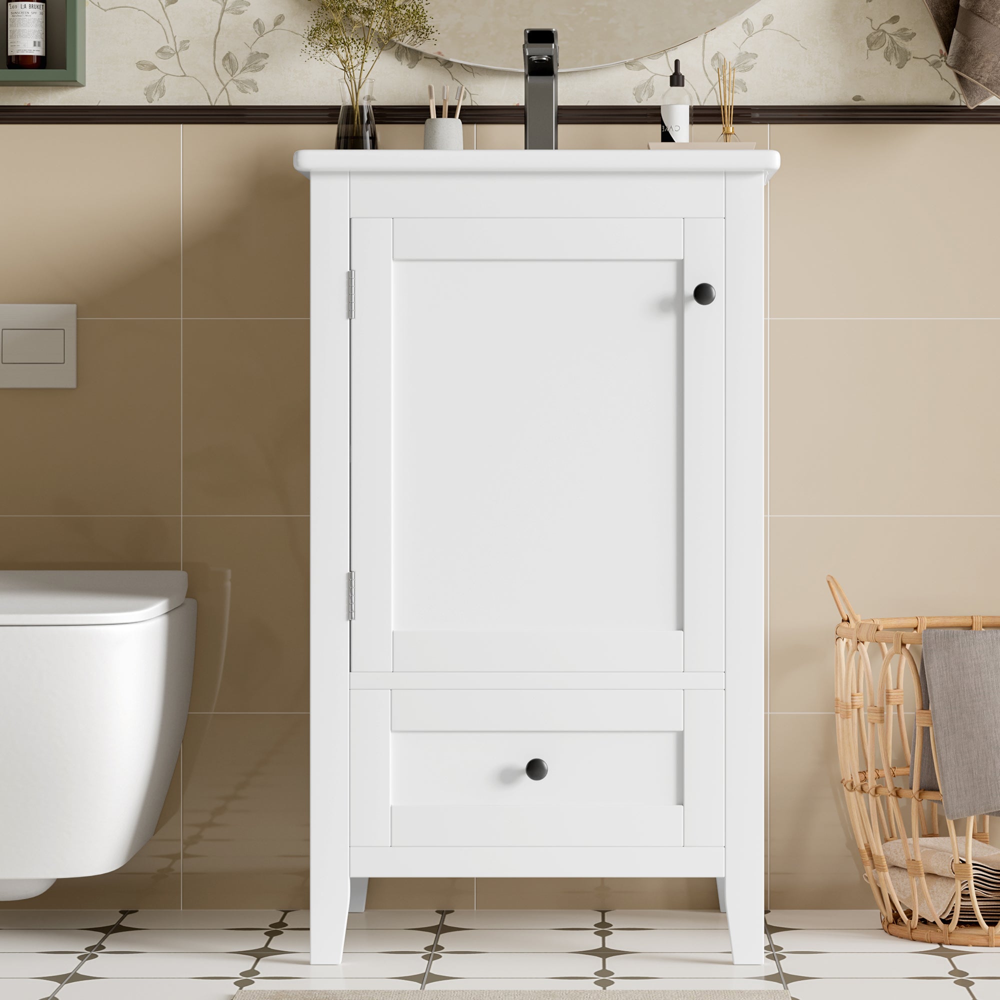 Floor-standing Bathroom Cabinet with Ceramic Sink and Storage Drawer, White