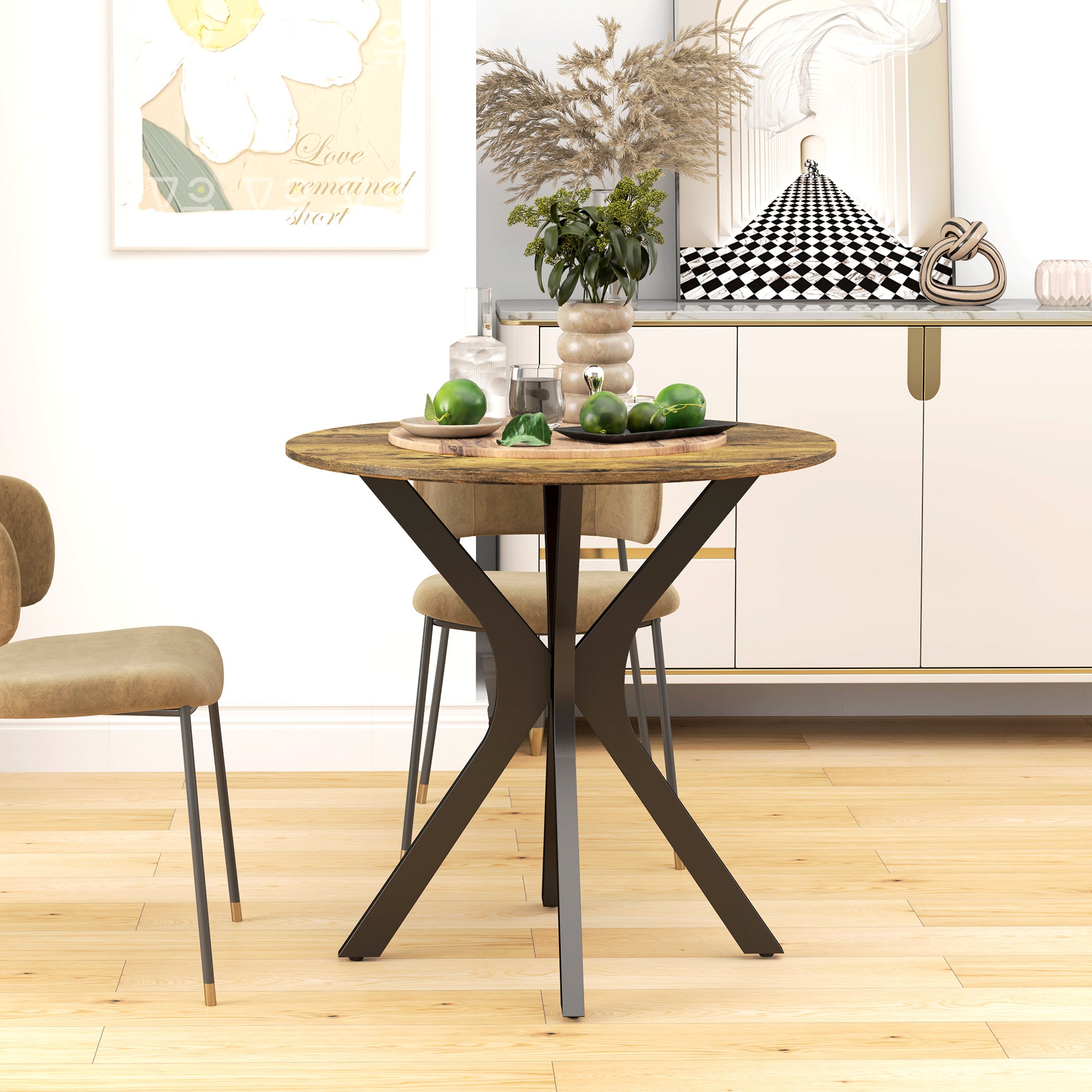 Dining Table Round 2-Person Bar Table, Spider Steel Frame, Rustic Brown