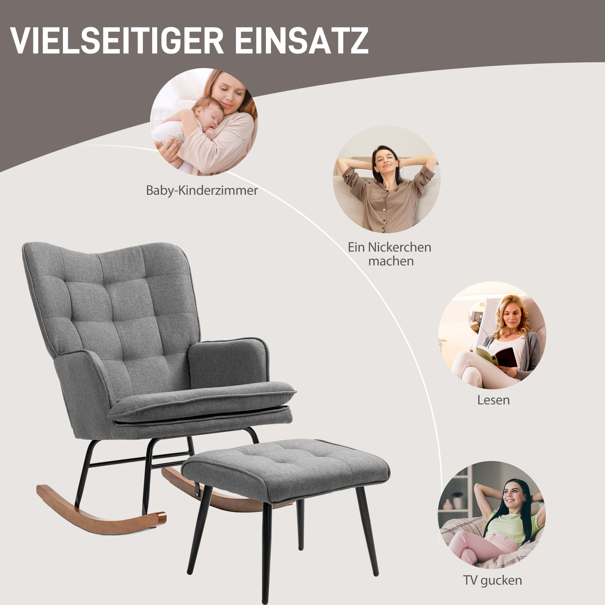 Rocking Chair with Footstool, 130kg Capacity Armrests Recliner, Linen Look